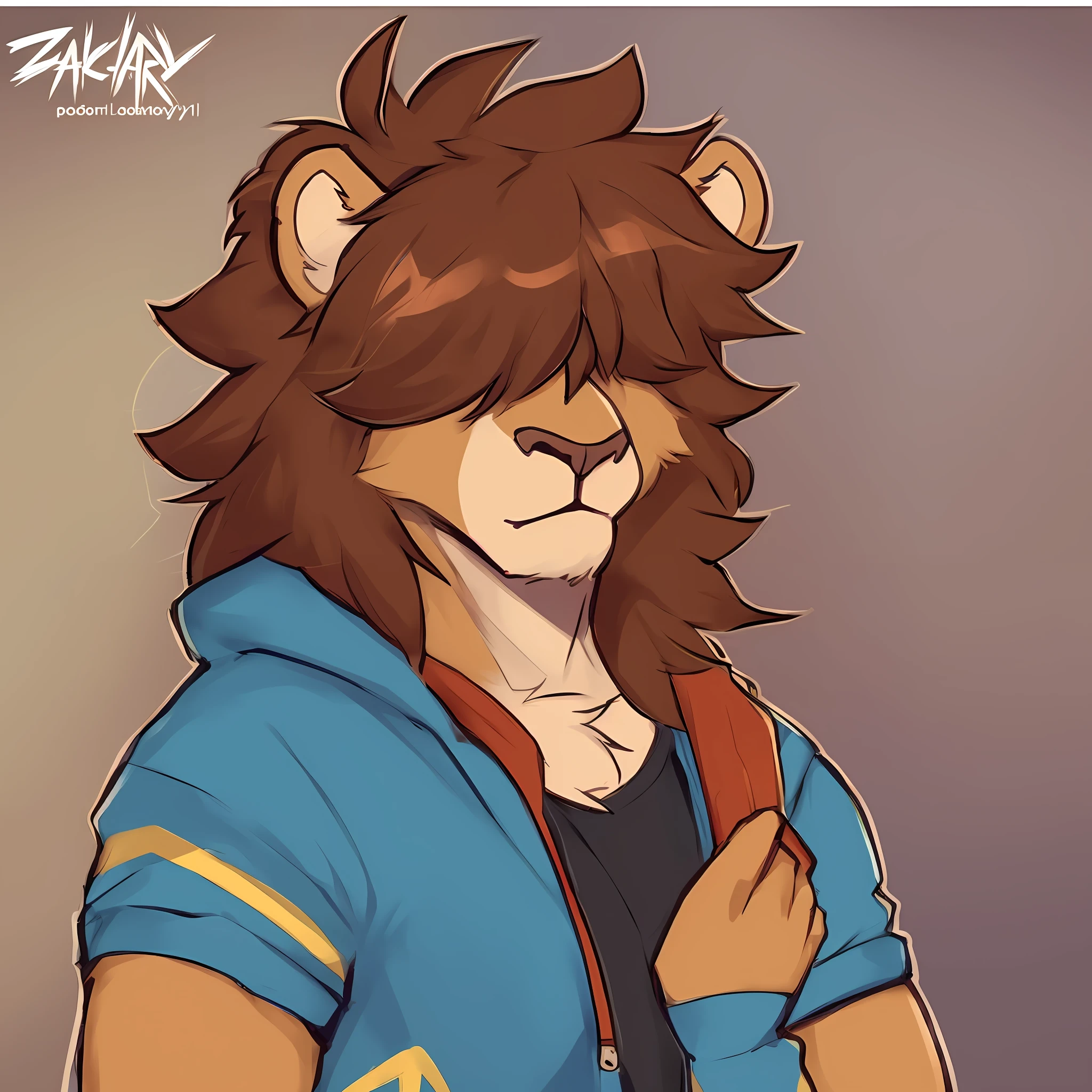 thin male solo cartoon lion by zackary911 hair over eyes wearing fashionable clothes brown mane slim scruffy colorful clothes variety of colors