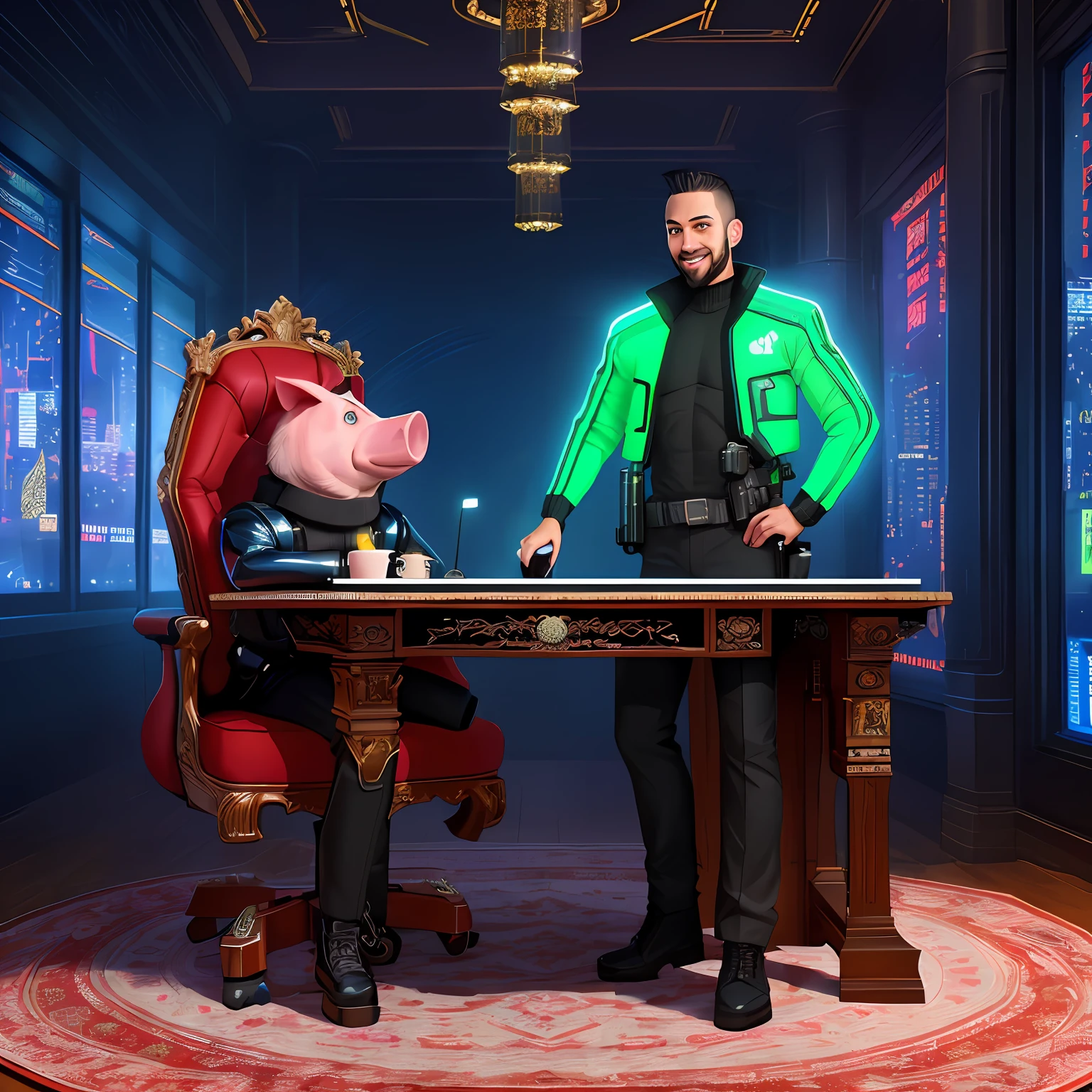 Portrait of a (humanoid pig: 1.1) stout, handsome, futuristic rich cyberpunk thief merchant, (smiling: 1.5), looking at the camera, fit, toned, muscular, relaxed pose, wearing ((faded green gray: 1.1) and (faded red: 1.1) technological ornate (high-quality futuristic sci-fi costume: 1.2)), (heavy-soled high-soled combat boots: 1.5), ((short: 1.1) intricate jacket,  closed, red turtleneck), long sleeves short black hair, (intricate short black beard, goatee cut: 1.1), (chest holster with futuristic scifi lasergun), full body shot, interior, (cool place: 1.5), (rich study: 1.5), amazing table, computer, rich, rich, ornate, intricate, rare wood, (ornate oriental carpet: 1.5), high quality furniture, masterpiece of antique spices, intricate,  hyper realistic, lots of details