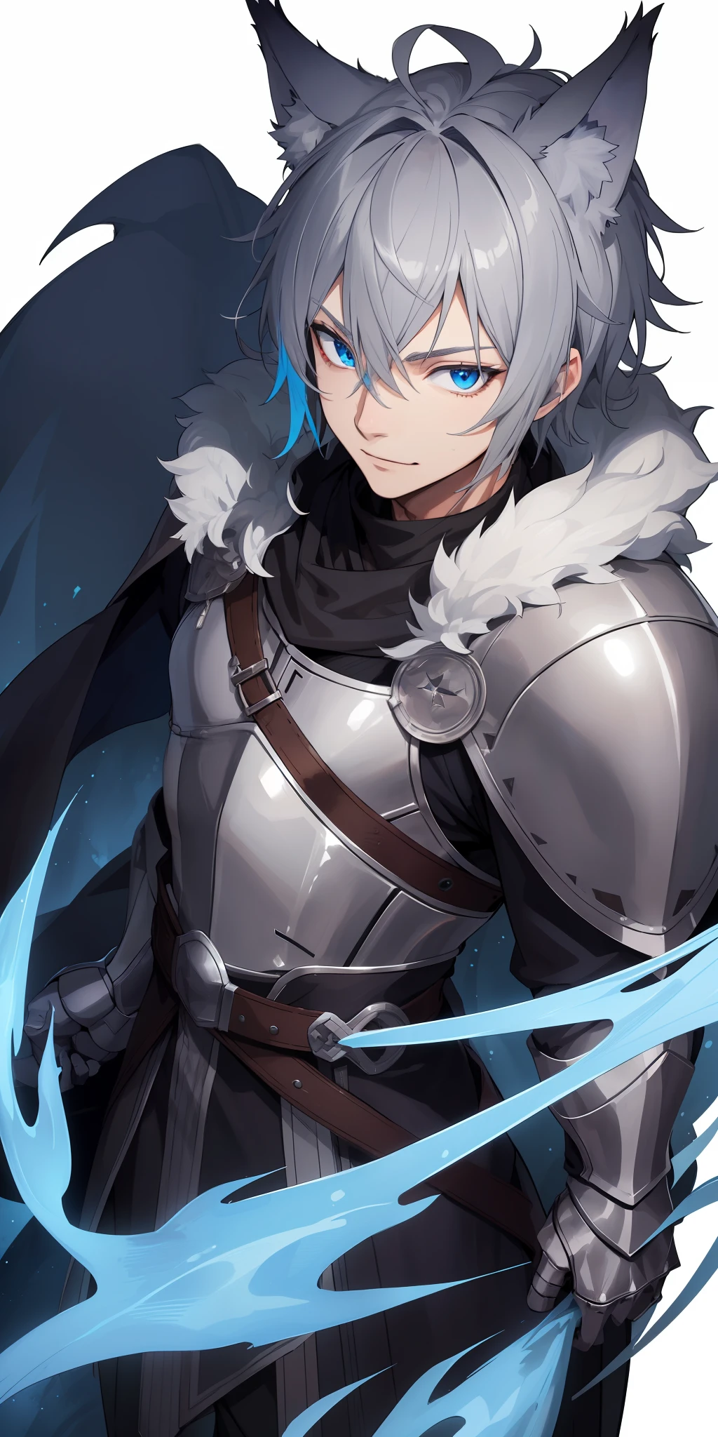 1male, toned, gray hair, slim, glowing blue eyes, HD, vibrant, masterpiece, full body view, wolf ears, wolf tail, knight robes, dead expression, hero, solo, leaning, strong, grinning, ultra realistic