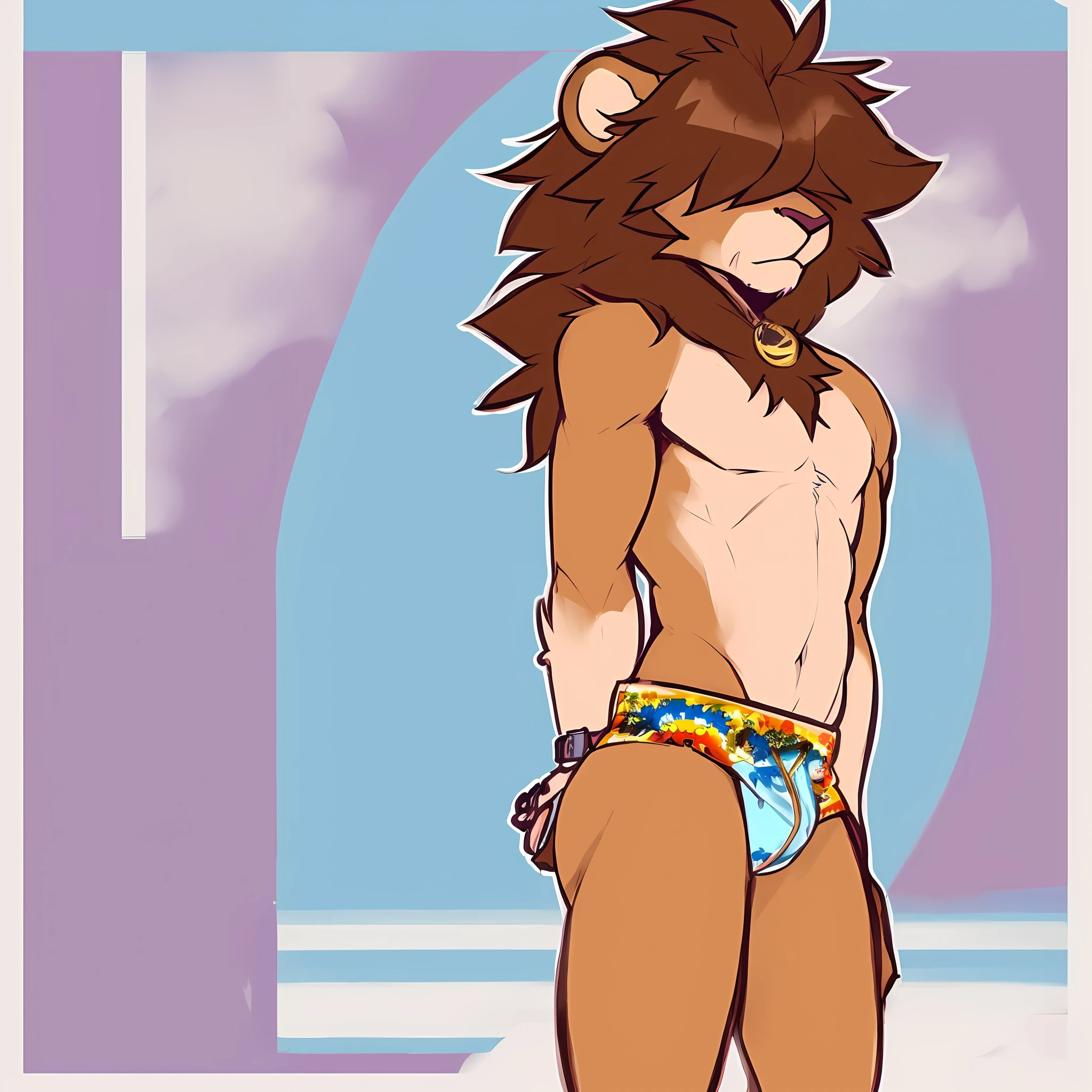 thin male solo cartoon lion by zackary911 hair over eyes wearing fashionable clothes thin broad chest brown mane slim scruffy colorful clothes variety of colors watch and drippy supreme