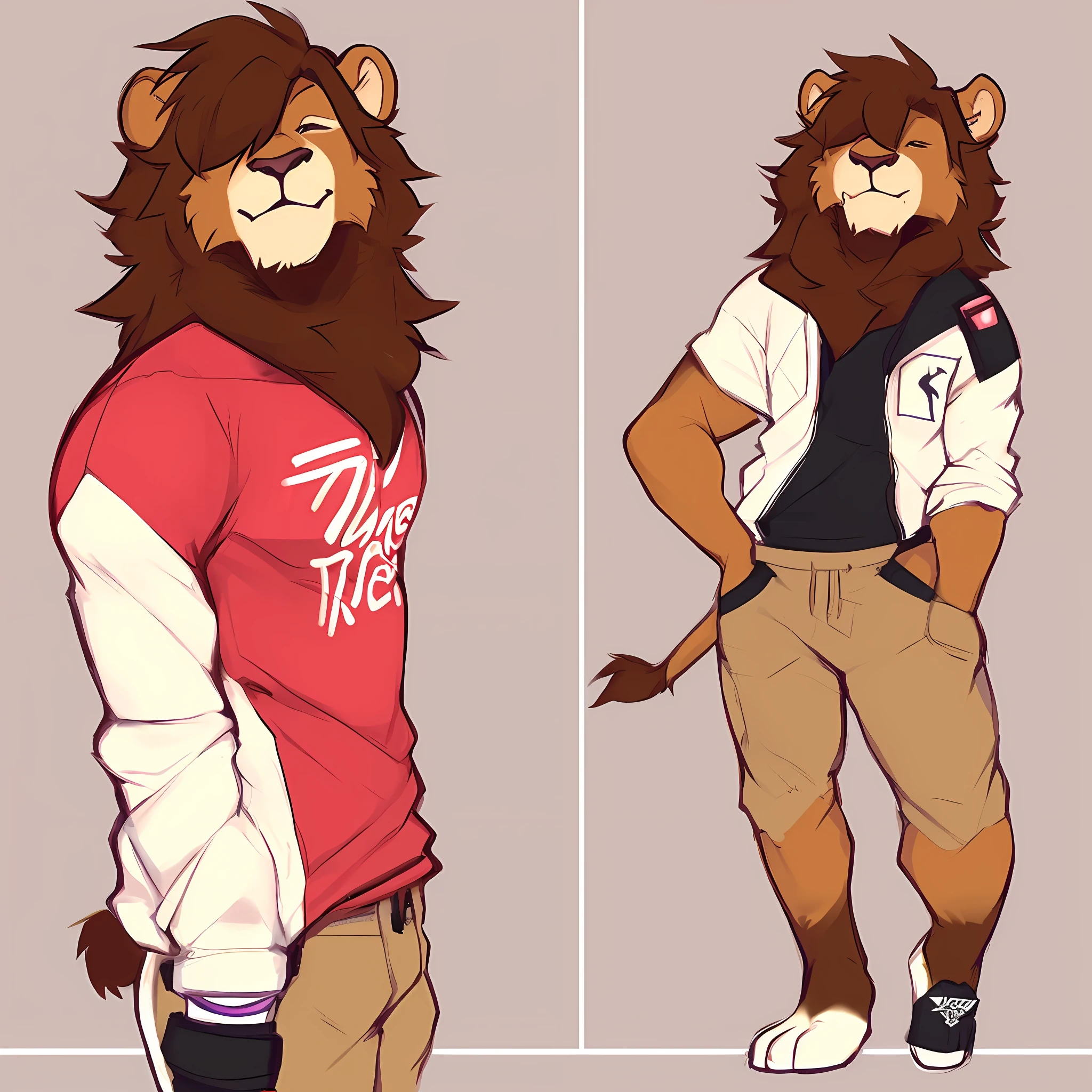thin male solo cartoon lion by zackary911 hair over eyes wearing fashionable clothes thin broad chest brown mane slim scruffy colorful clothes variety of colors watch and drippy supreme