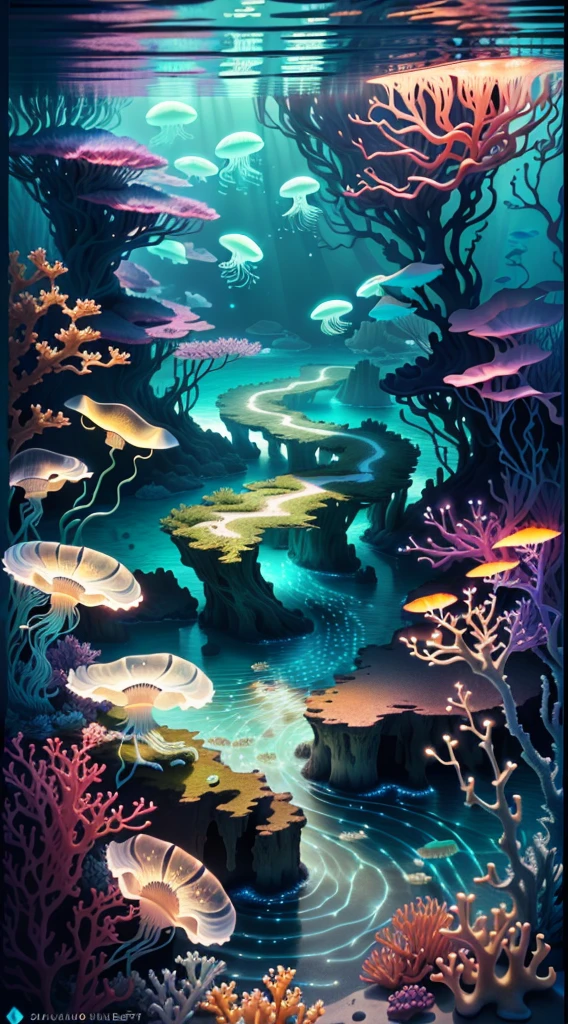 Masterpiece, best quality, (very detailed CG unity 8k wallpapers), (best quality), (best illustrations), (best shadows), marine theme with natural elements. Tall mangroves, rich marine plants, glowing jellyfish, surrounded by schools of fish, glowing particle effects,, (marine plants), (ocean theme), ((luminous algae)), (coral), ((glowing jellyfish )), ((Glow Creatures in Seawater)), ((Sea Fire)), (((Particle Effect))), Isometric 3D, Octane Rendering, Ray Tracing, Super Detailed