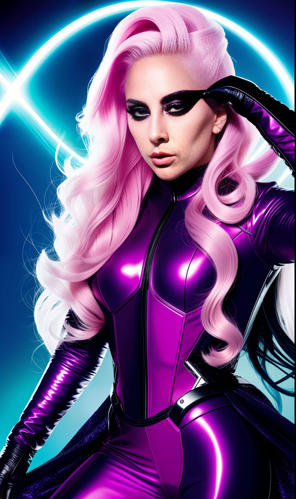 lady gaga mistique Xmen, 4K texture, long hair, high quality, extravagant hairstyle, original album cover, 8k image, futuristic, high image quality, at night, hair accessories, very realistic and defined face