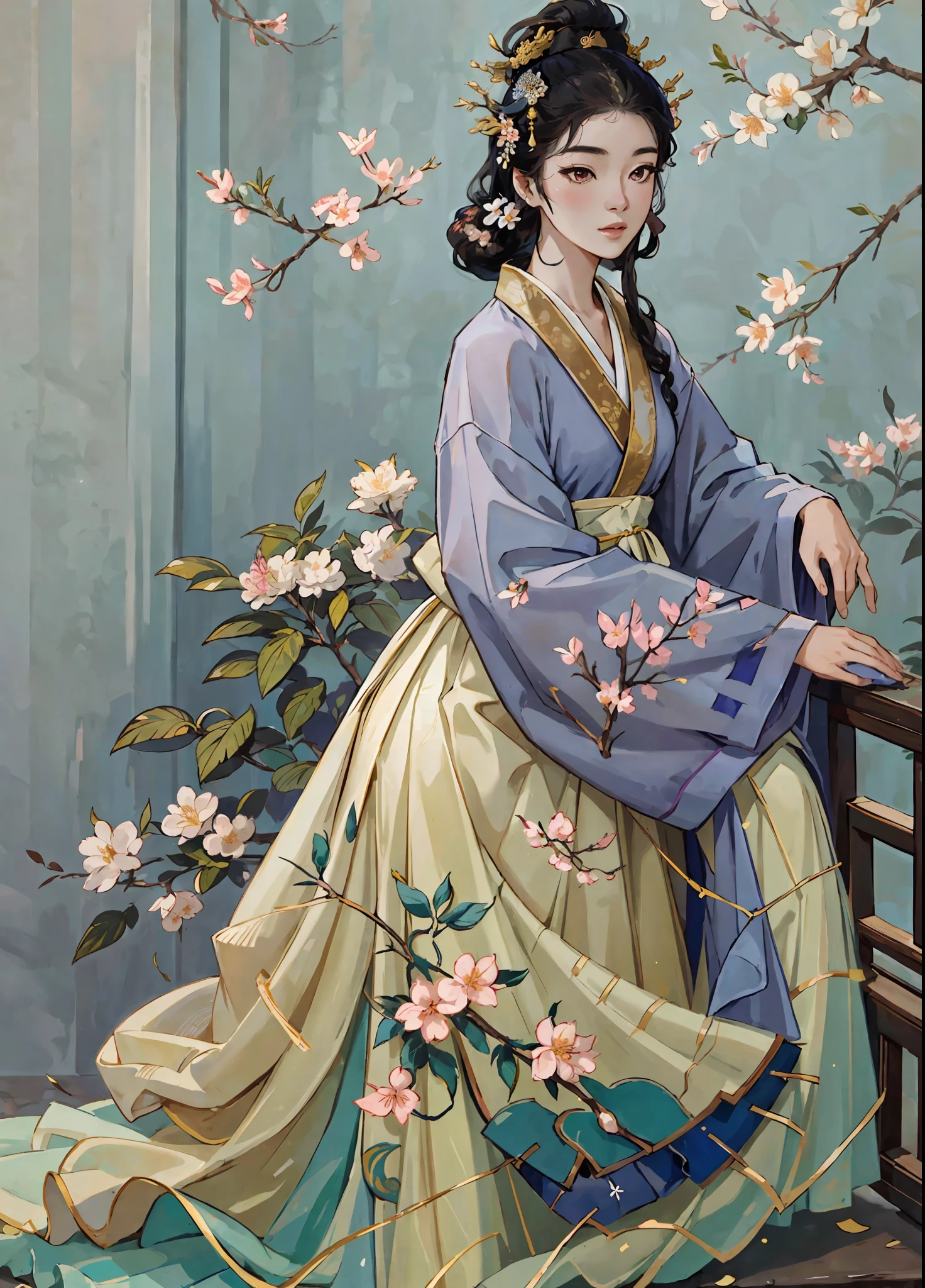 An ancient Chinese beauty, dignified temperament, flowing long skirt, clear face, low-hanging eyes, surrounded by crape myrtle flowers, masterpiece, super detailed, epic composition, high quality, highest quality, 4k --v 6