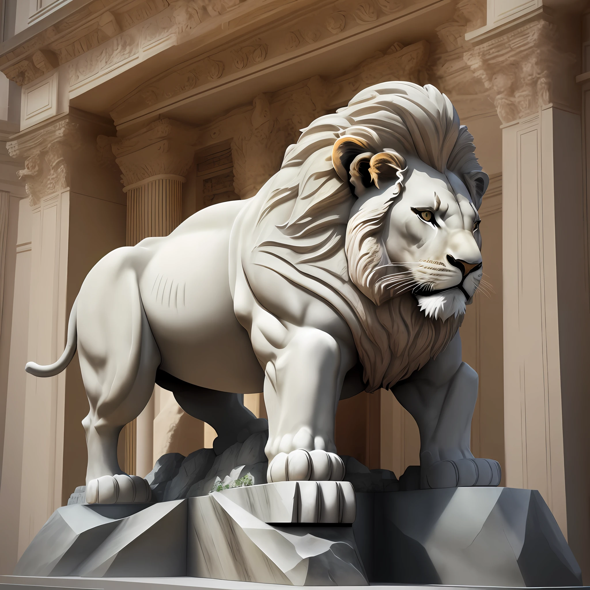 Granite sculpture of lion, forelimbs raised, mighty realistic