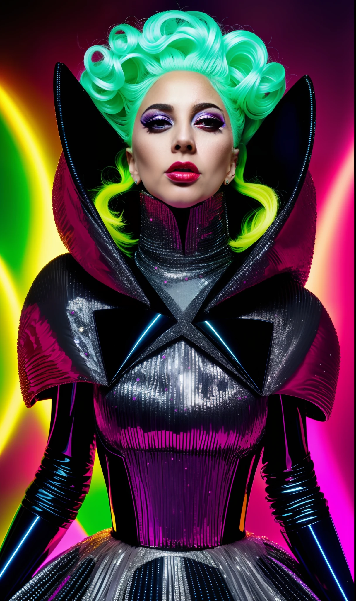 Lady gaga photo, 4K texture, robotic and extravagant dress and strange hairstyle, 8k image, haute couture, flashes, high image quality, neon dress, realistic 4k face, various poses, black diamond background