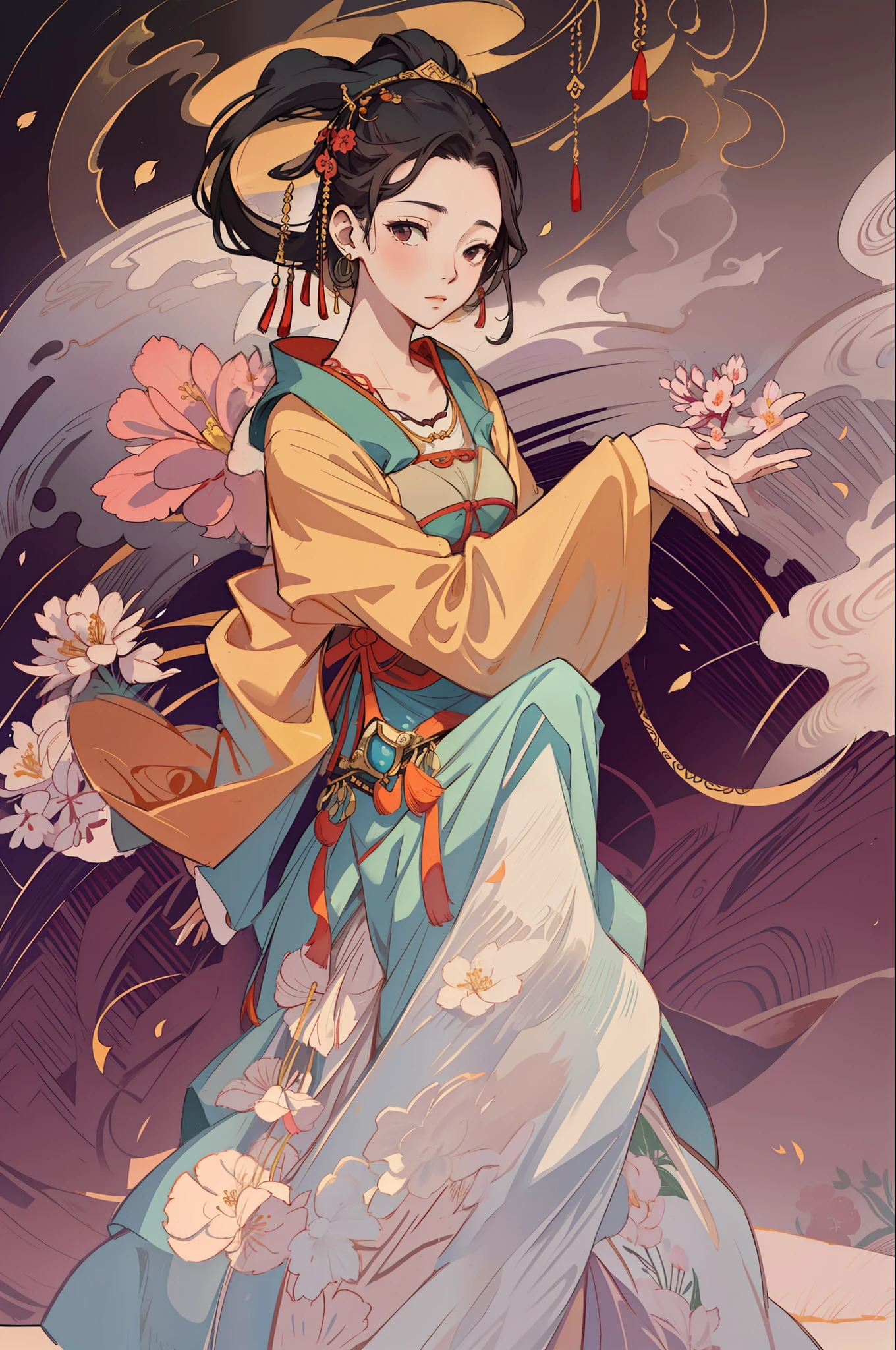 A beautiful girl in ancient China, dignified temperament, flowing long skirt, surrounded by crape myrtle flowers, standing in the sun, clear face, masterpiece, super detailed, epic composition, high quality, highest quality, 4k --v 6