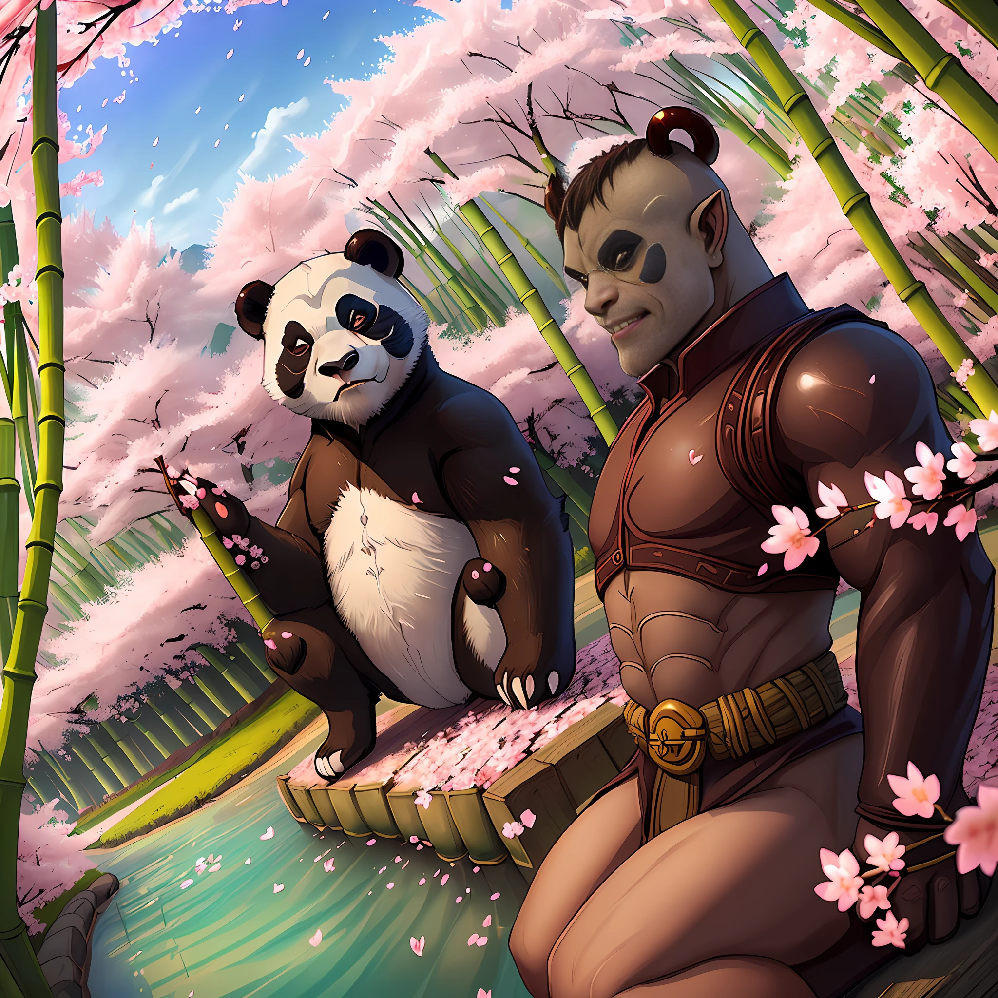 ((one brown skinned half-orc barabarian:Panda in the foreground)), shot in 4k, fisheye lens, ((bamboo forest, cherry blossoms falling in the background, a gentle wind, sunny day, river))=1.3, proud face:quixotic, looking at viewer, masterpiece, vibrant lighting, ultrarealistic, beautiful eyes, age 27, cinematic lighting, (((demonic cherry blossoms falling in background))), (angle from side), (age 30 male)