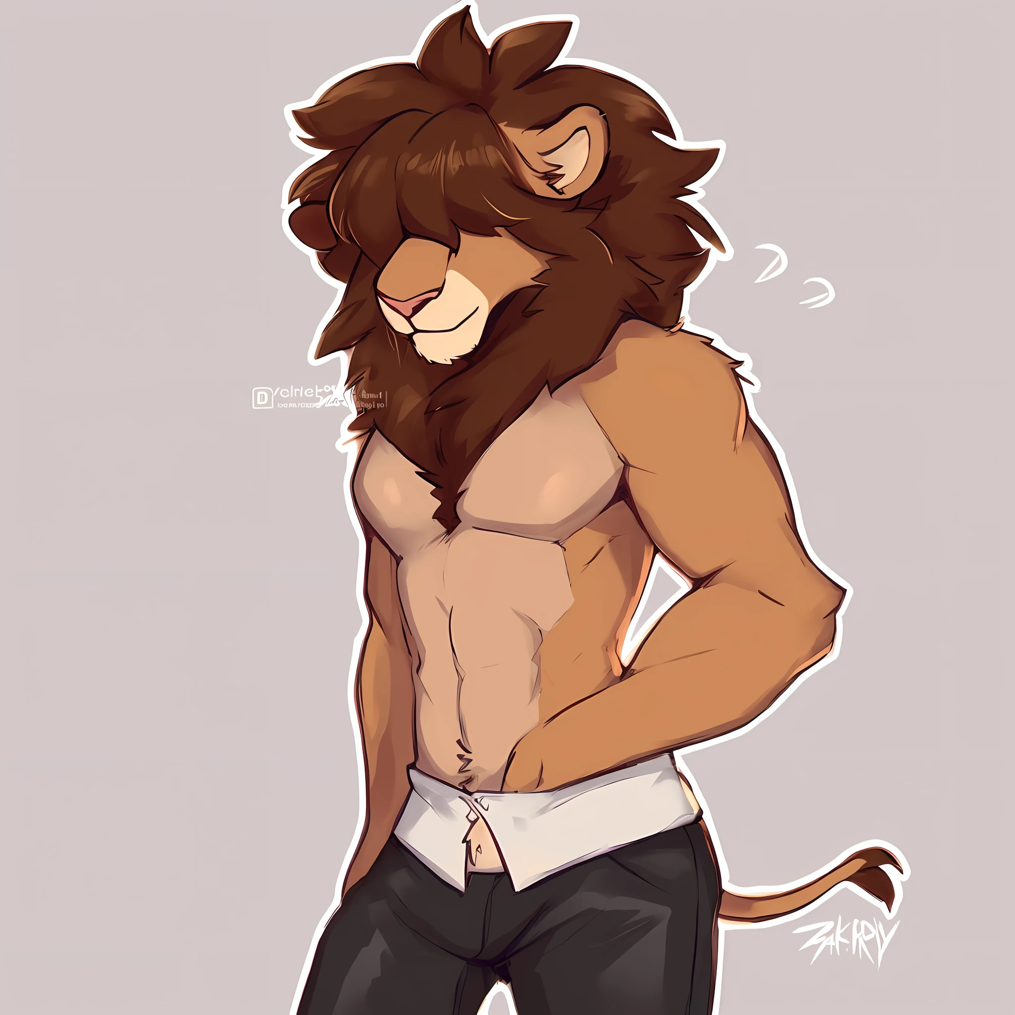 thin male solo cartoon lion by zackary911 hair over eyes wearing fashionable clothes thin broad chest brown mane slim scruffy colorful clothes variety of colors watch and drippy supreme