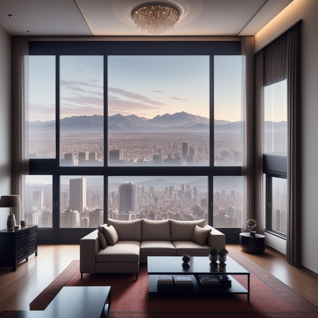 Luxury apartment, living room, sofa, coffee table, floor-to-ceiling windows on the front and sides, overlooking the modern city, mountains in the distance, interior architectural view, expansive movie view, precise architectural rendering, romantic light and shadow, realistic images