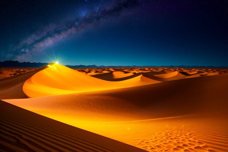 Ultra-detailed, photorealistic desert landscape under a starlit night, hallucinatory oasis with glowing, vibrant flora and fauna, sand dunes forming intricate patterns, surreal contrast between the serene desert and the vivid mirage