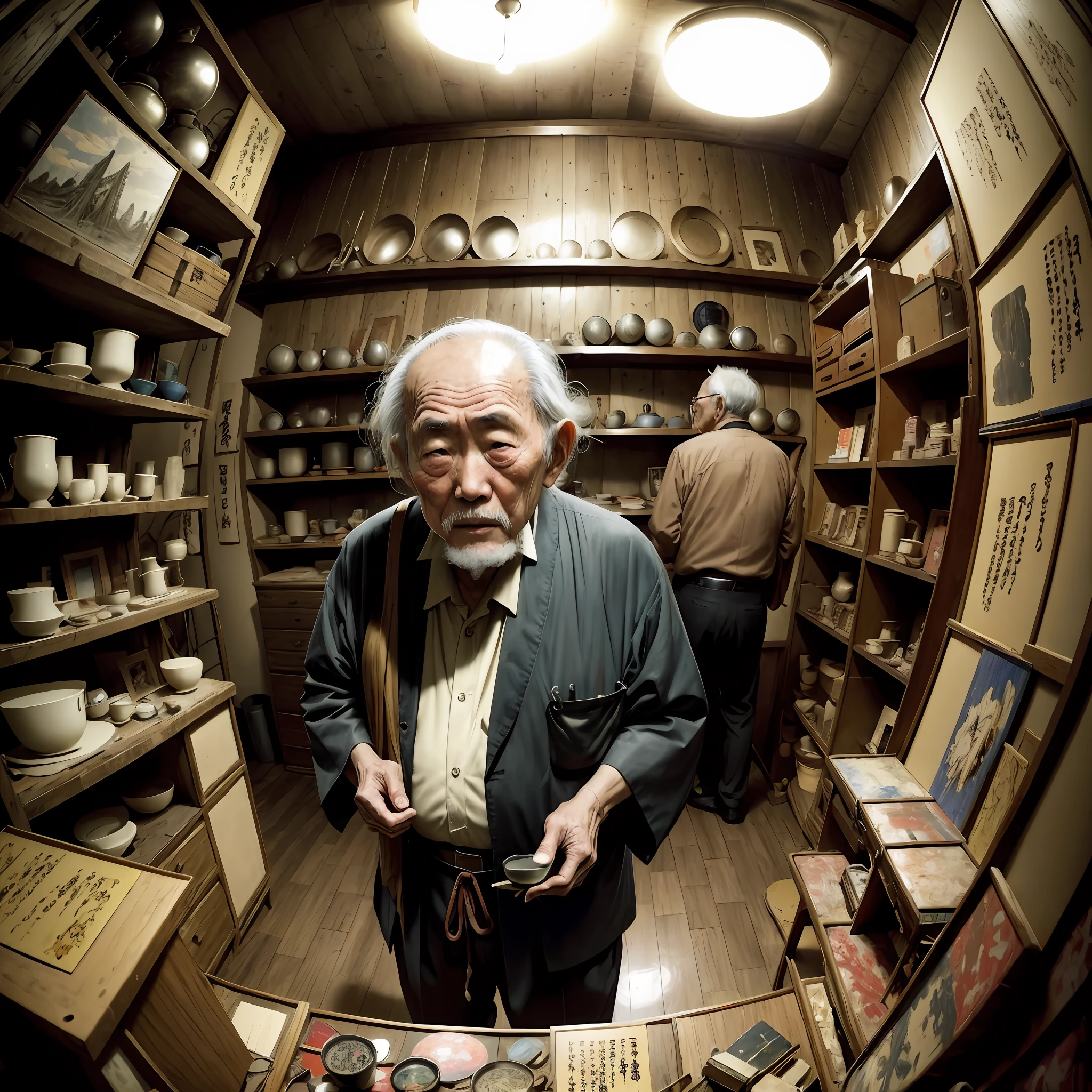 old japanese man in chaotic chaotic junk shop, drunk, Expressionism, Realism, Contemporary art, fisheye, 35mm, Canon, UHD, masterpiece, ccurate, super detail, award winning, high details, highres, 8k