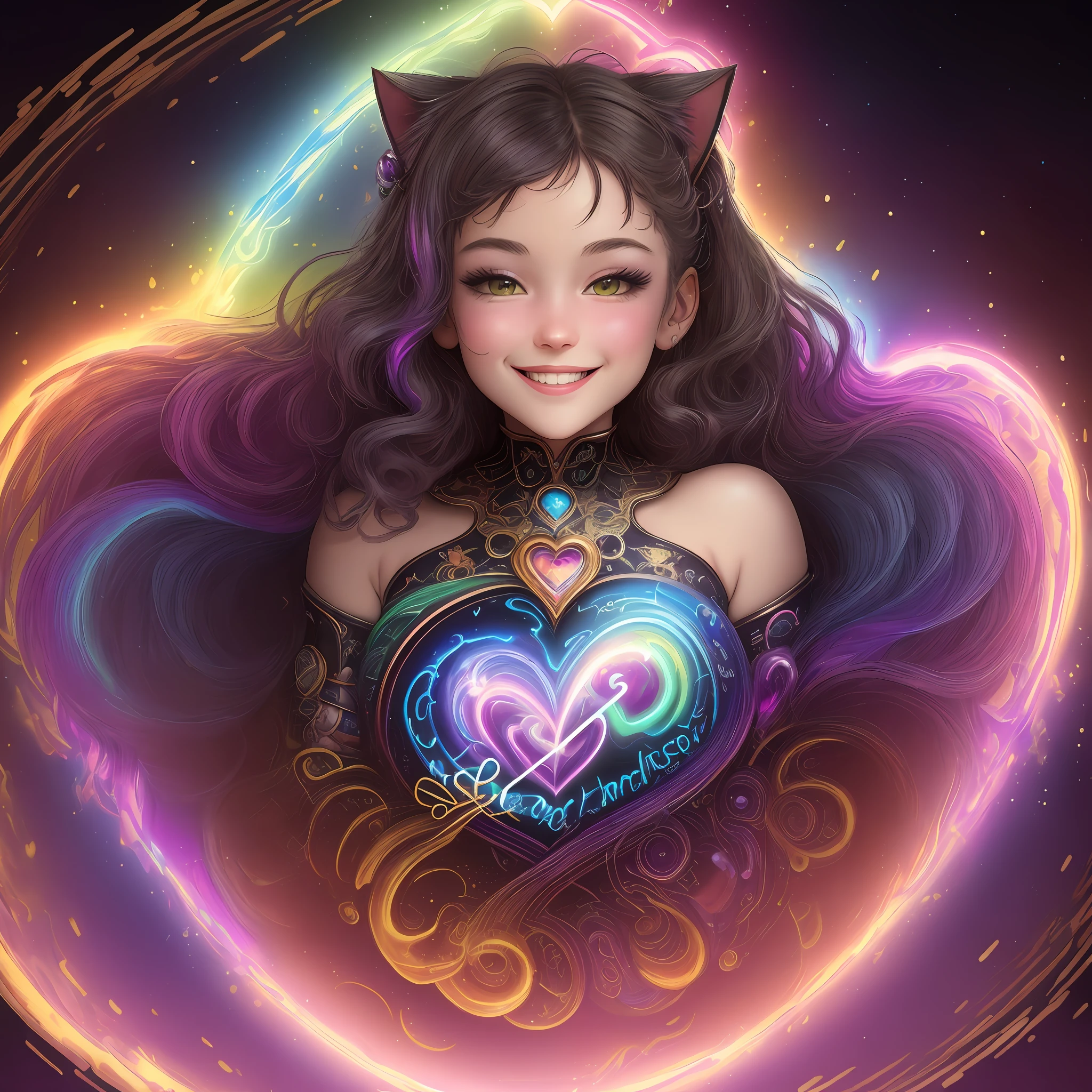 Drawing, Cute Cat, Tarot Card, Khokhloma, Rainbow Marble, Ammolite, Dark Vibrant Colors, Electric Colors, Neon Colors, Lisa Frank, Acidwave, Cosmos, Rainbowcore, Synthwave, Electrifying Art, Intricate Maximalist, Alcohol Ink, Colored Frequencies, Sponge Ink, Thermograph, Smile, Heart in Eye, Laughing, Happy, Color Field painting, High Detail, Ashcan School, Art Nouveau, UHD, Masterpiece, Ccurate, Anatomically Correct, Super Detail, high details, award winning, high quality, best quality, highres, 16k
