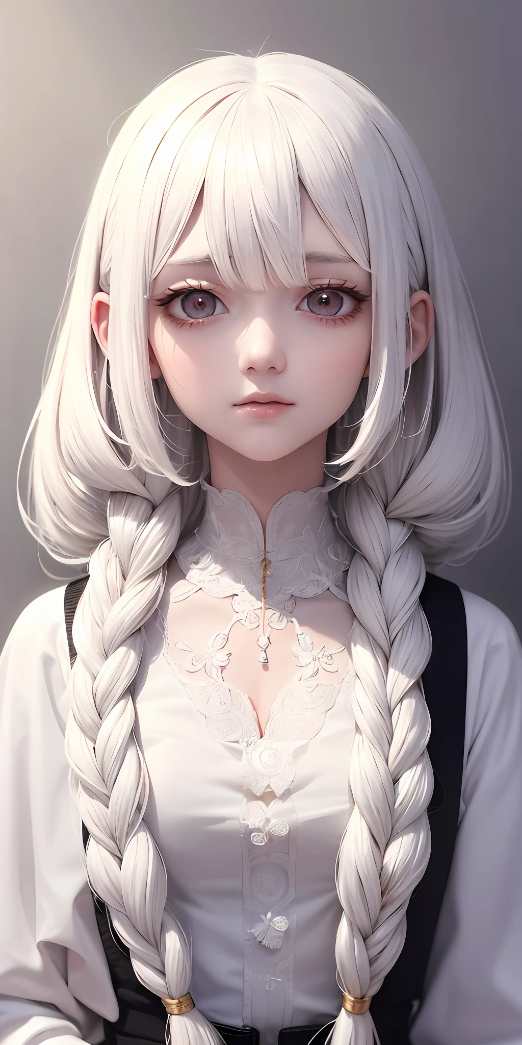 best quality, masterpiece,white hair, gold eyes,white clothes, looking up, upper body,hair strand,Fair skin,side braids