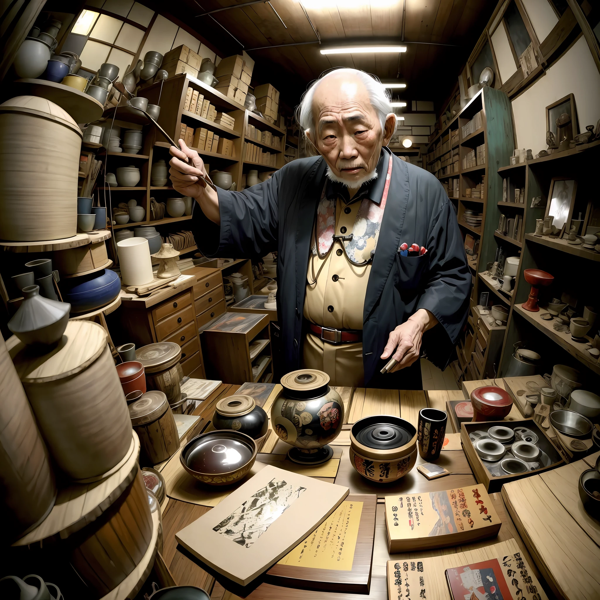 old japanese man in chaotic chaotic junk shop, drunk, Expressionism, Realism, Contemporary art, fisheye, 35mm, Canon, UHD, masterpiece, ccurate, super detail, award winning, high details, highres, 8k