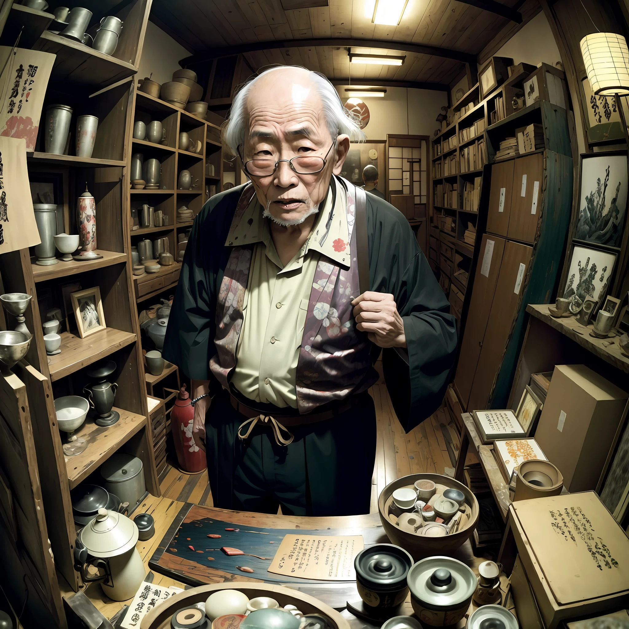 old japanese man in chaotic chaotic junk shop, drunk, Expressionism, Realism, Contemporary art, fisheye, 35mm, Canon, UHD, masterpiece, ccurate, super detail, award winning, high details, highres, 8k