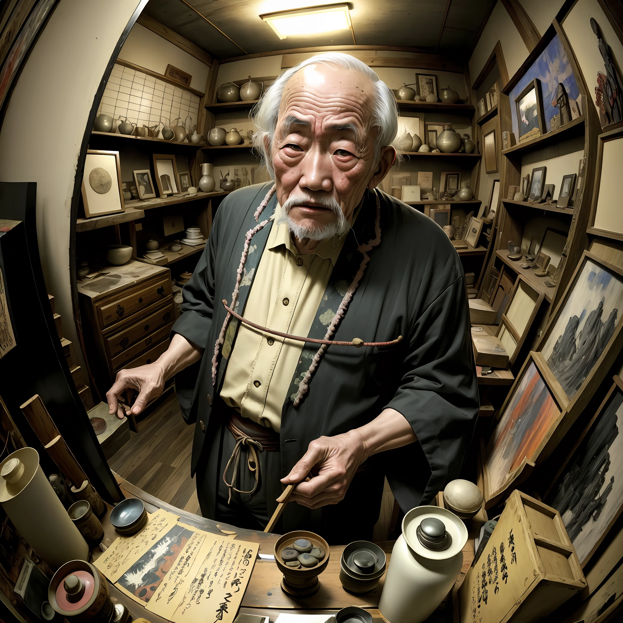 old japanese man in chaotic chaotic junk shop, drunk, Expressionism, Realism, Contemporary art, fisheye, 35mm, Canon, UHD, masterpiece, ccurate, super detail, award winning, high details, highres, 8k
