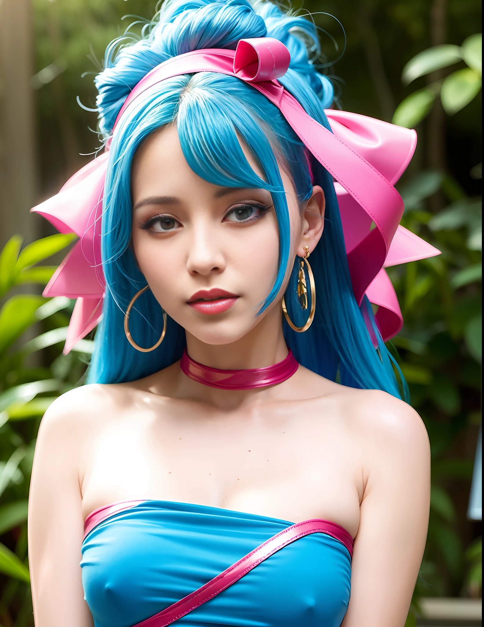 "uma mulher", high saturation, best quality, floating, dynamic angle, looking at viewer, beautiful face, flowing hair, (blue hair|pink hair):1.2, neck ribbon, golden earrings, delicate and beautiful eyes, (red lips|pink lips):0.85)