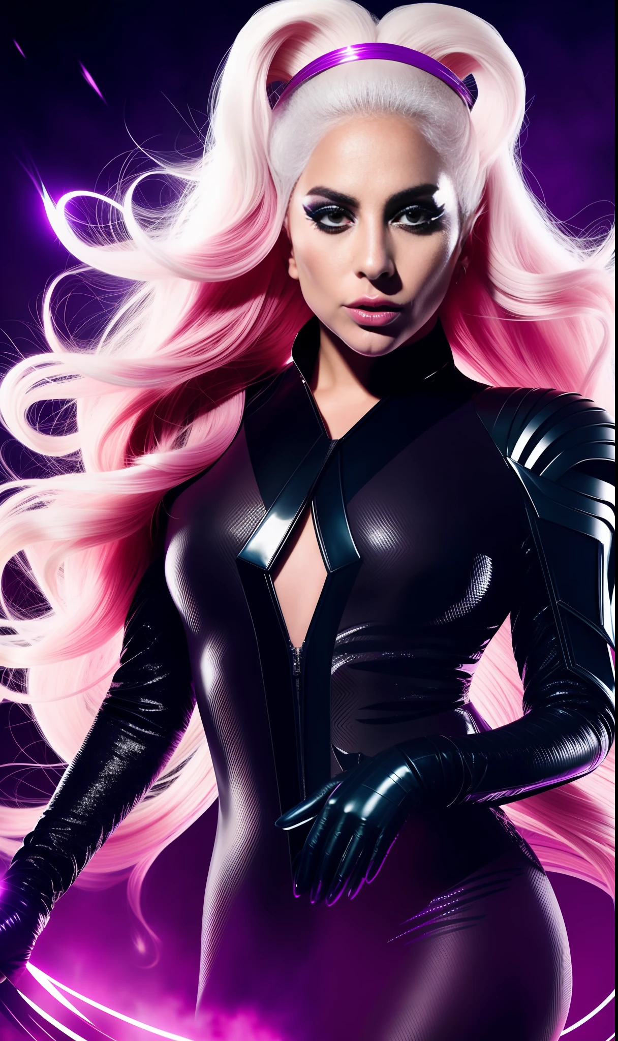lady gaga mistique Xmen, 4K texture, long hair, high quality, extravagant hairstyle, original album cover, 8k image, futuristic, high image quality, at night, hair accessories, very realistic and defined face