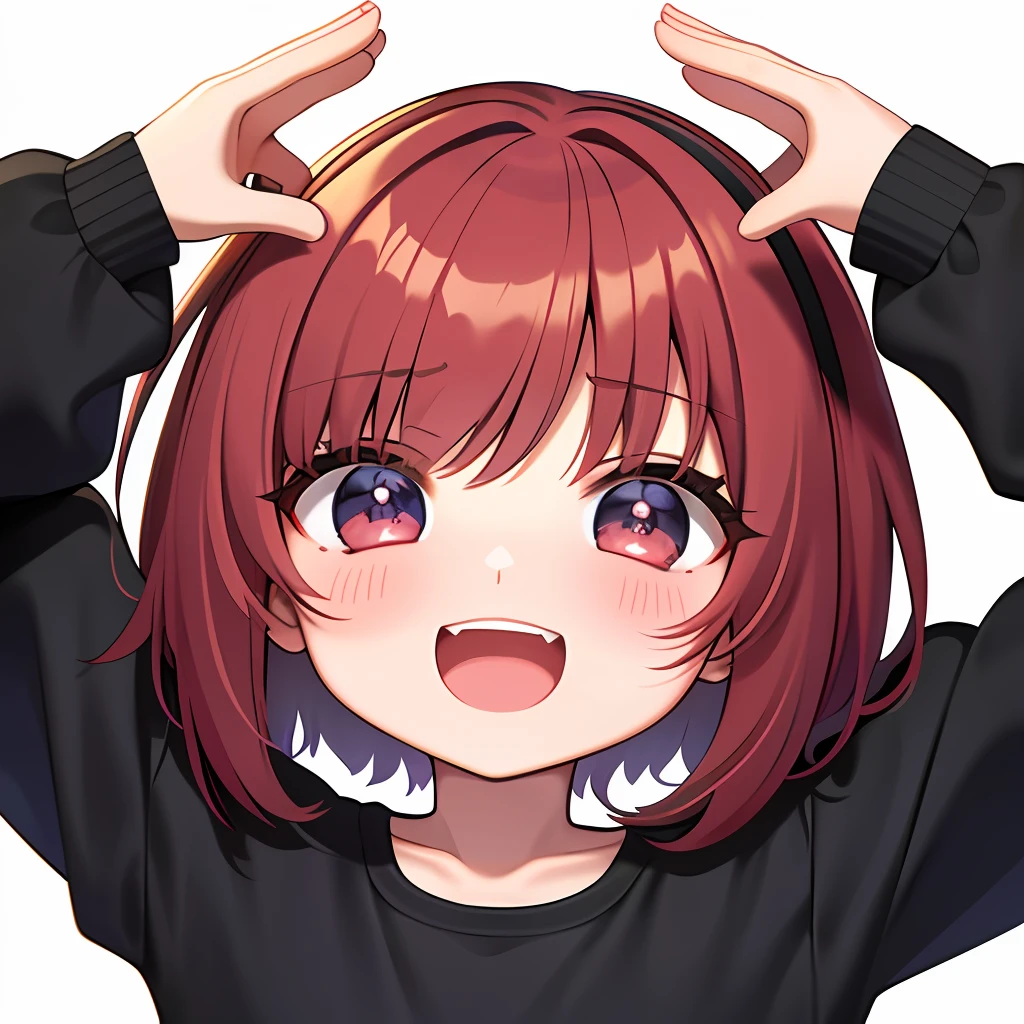 best quality, masterpiece, kyrielight mash, solo, 1girl, black eyes, :d, fat, black clothes, (chibi: 0.6), light red hair, short hair, sticker, emoji, cute, white background, ((sad)), chibi