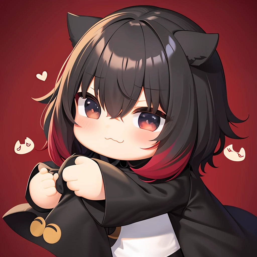best quality, masterpiece, kyrielight mash, solo, 1girl, black eyes, :d, fat, black clothes, (chibi: 0.6), light red hair, short hair, sticker, emoji, cute, white background, ((sad)), chibi