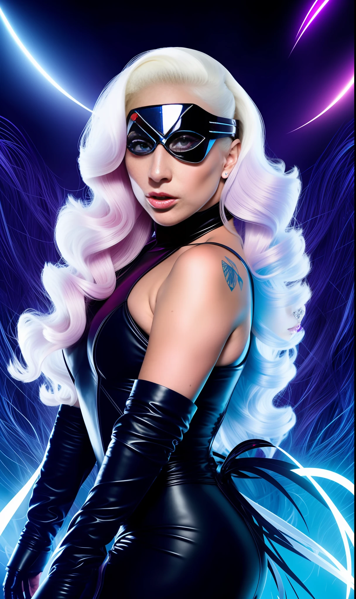 lady gaga mistique Xmen, 4K texture, long hair, high quality, extravagant hairstyle, original album cover, 8k image, futuristic, high image quality, at night, hair accessories, very realistic and defined face