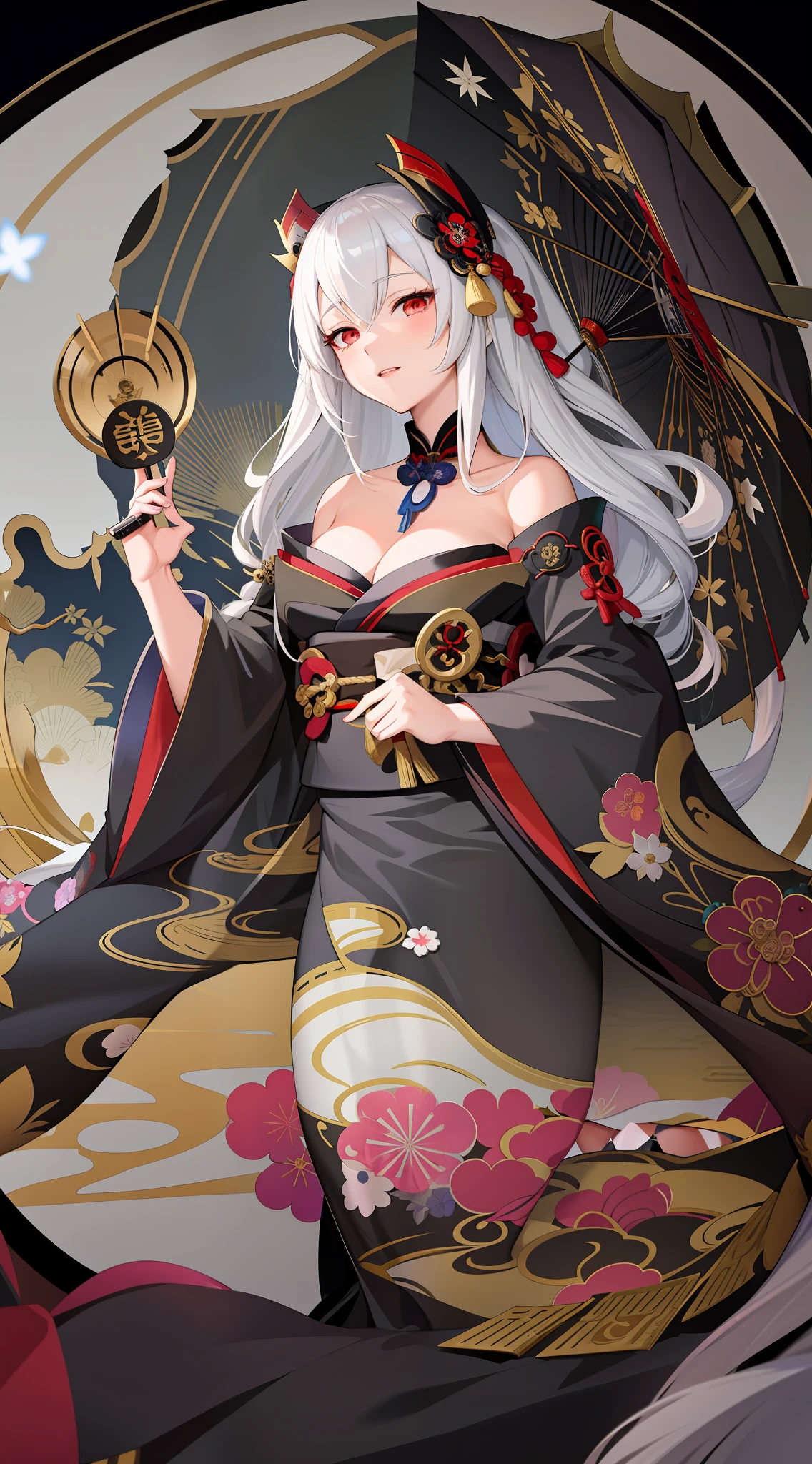 (anime portrait, detailed artwork, detailed style), Onmyoji, White-haired god, (frontline girl, beautiful clothes, wearing aristocratic robes), (black dress) (cute, goddess), Japanese goddess, zero zen art