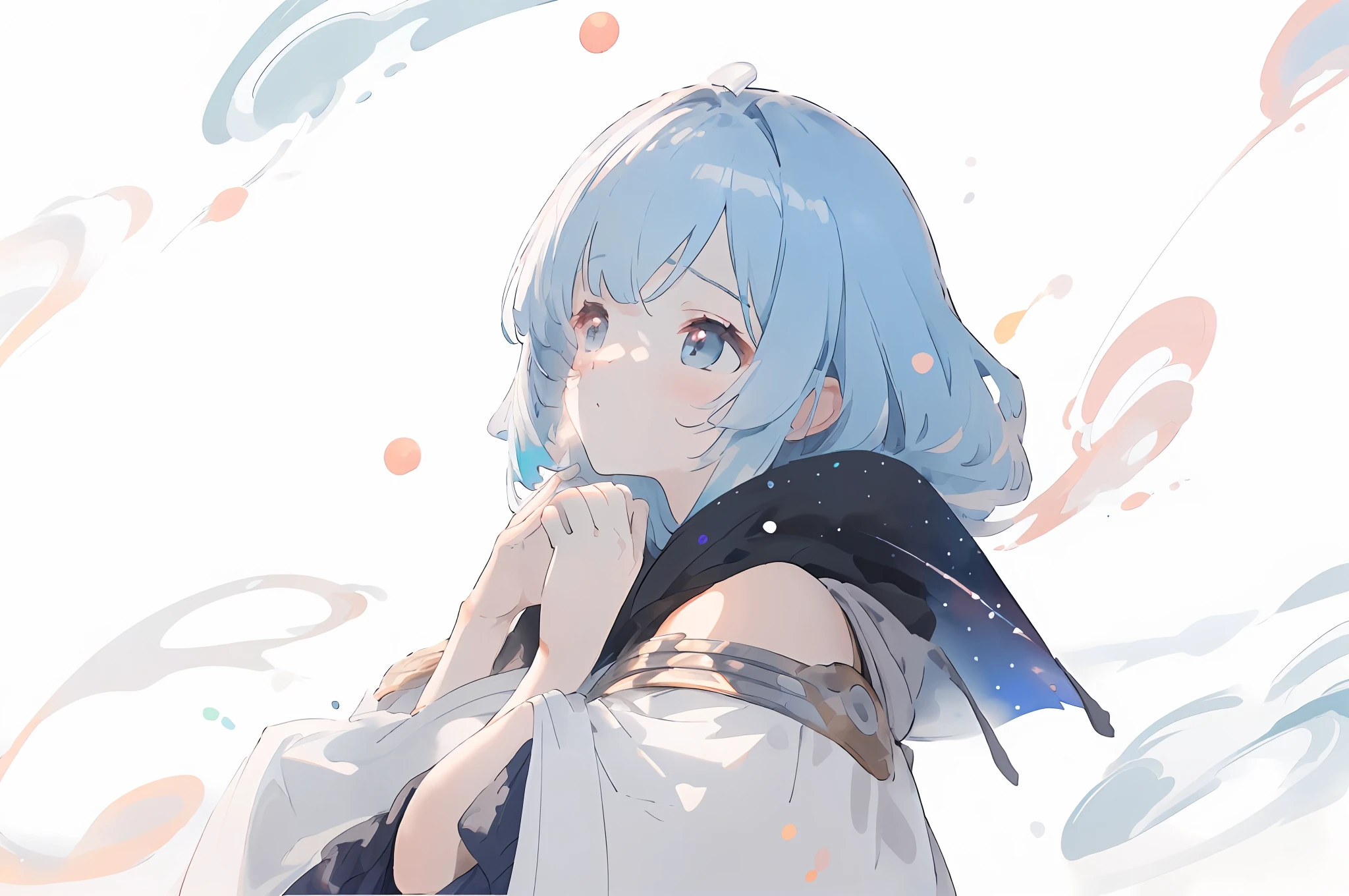 ((masterpiece)), (((best quality))), ((ultra-detailed)), ((illustration)),[realism light effect],shadow,(Fantasy style),(white background:1.6),simple background, (earth theme),(a cloak)[(hair focus,((1girl)),[(big slime hair): (cloud hair):0.3], (hair on background),(high saturation),(hair Surrounded by galaxy splash),)): ((her hair is turning into galaxy cloud,: 1.27628), (hair and clothes are galaxy cloud and star cluster: 1.1025), (cloak is turning into galaxy cloud) (colorful_galaxy_print_clusters_of_stars_print: 1.35) ,((detailed starry sky with colorful galaxies and galactic clouds):1.2)):0.35], (((masterpiece))),(((best quality))),((ultra-detailed)),(illustration) , (dynamic angle),((floating)),(paint),((stray hair)),((beautiful detail face)),collar,strap shoulders,((colored hair)),((striped hair )),beautiful detailed eyes,(gradient eyes),(((colored eyes))),(((colored background))),(((high saturation))),(((surrounded by color splashes) )),(((surrounded by colored dots))),colored bubbles,((shiny)),good-looking hands