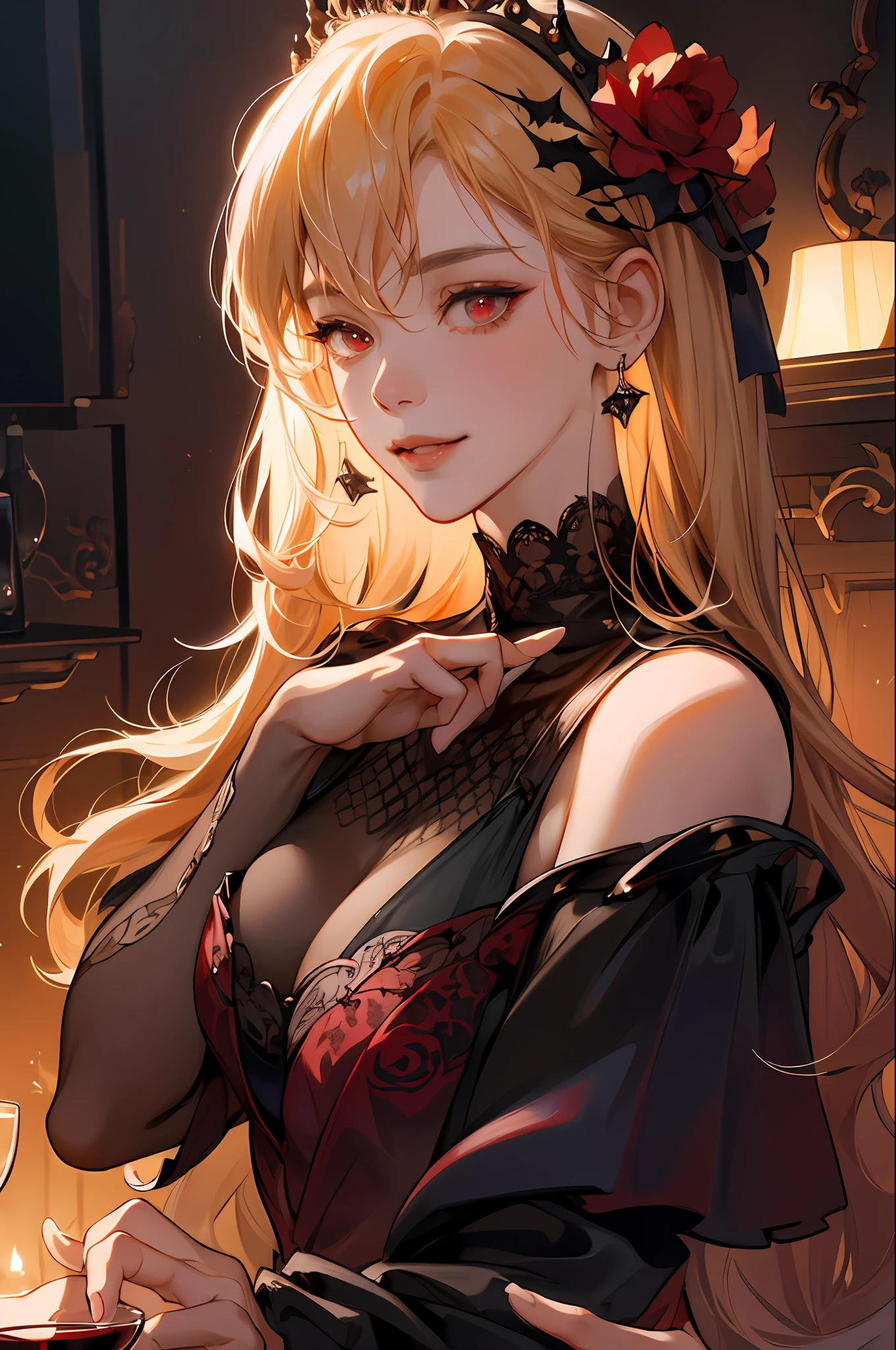absurdres, highres, ultra detailed, 1girl, solo, extremely detailed eyes, moon,darkness,darkness dangerous castle, roes, bats,hair ornament, jewelry, looking at viewer, wine, hair with rose, drinking wine, tiara, earrings, red flower,red eyes, bangs, (blood dripping whole body: 1.1),blonde hair, long hair, ring, glass of wine, dangerous, fascinating,detailed background, her left hand is holding a glass of wine, smiling, realistic, artstation, very detailed CG,fine detail, complex details, (best illustration), 8k resolution, complex detail, best quality, realistic, ultra detail, best lighting, best shadow, ultra hd, cryengine, ultra hd, (detailed reflection), detailed shadow, (((complex detail))),