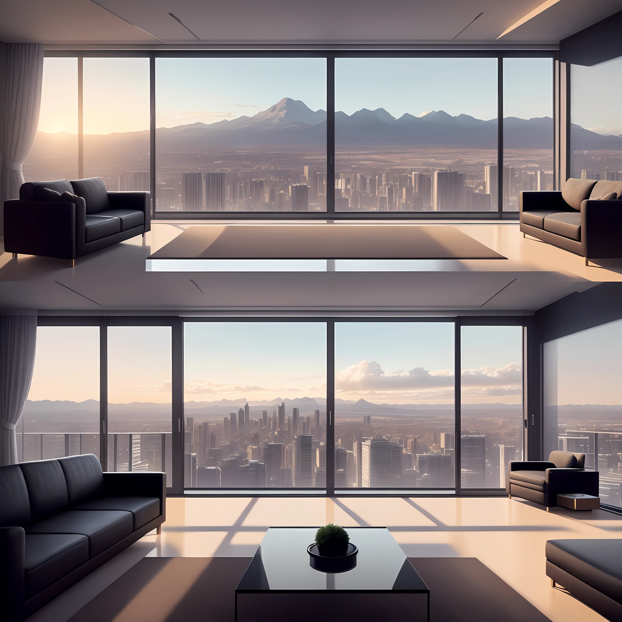 Luxury apartment, living room, sofa, coffee table, floor-to-ceiling windows on the front and sides, overlooking the modern city, mountains in the distance, interior architectural view, expansive movie view, precise architectural rendering, romantic light and shadow, realistic images