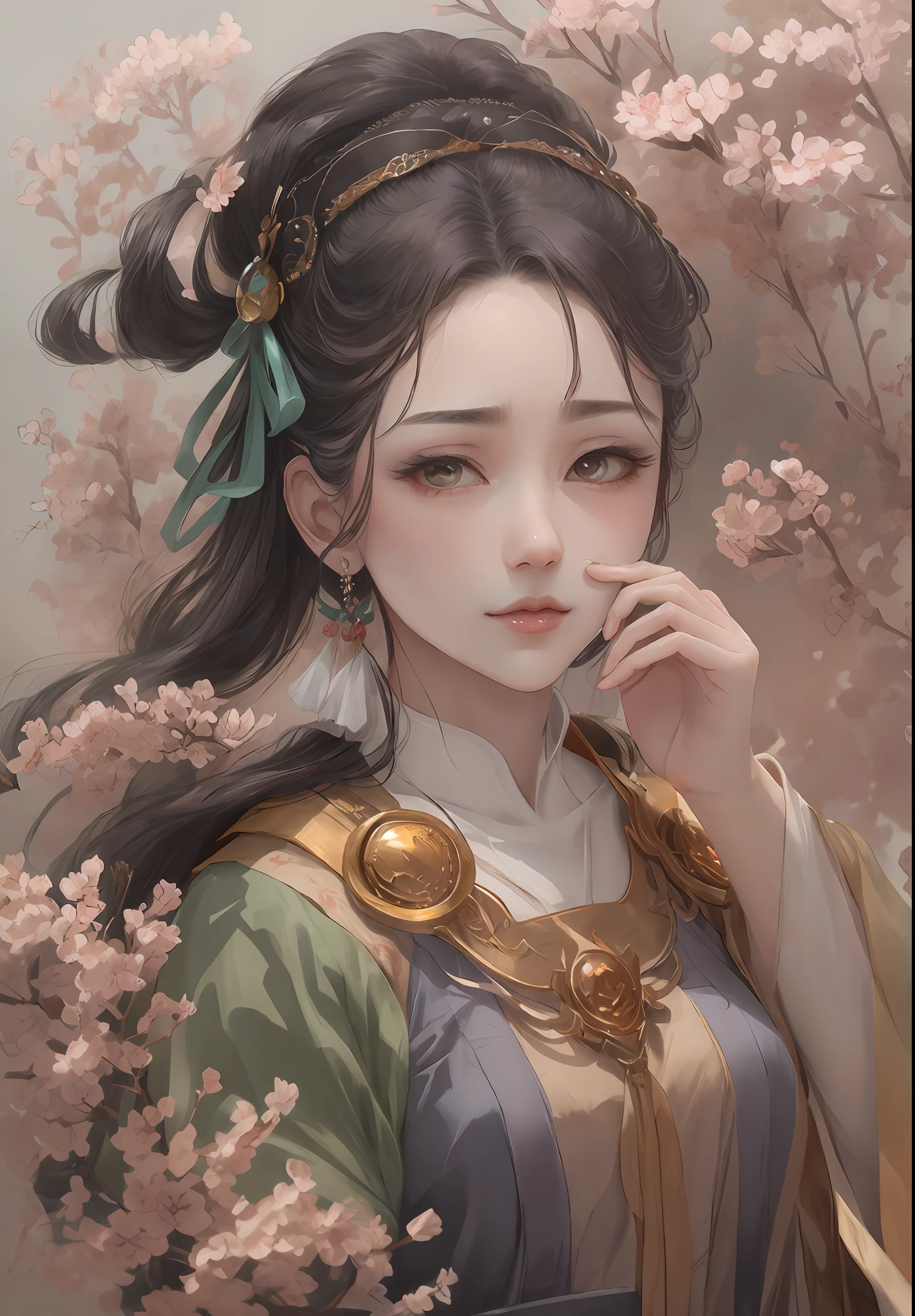 An ancient Chinese beauty, dignified temperament, flowing long skirt, clear face, beautiful eyes, purple myrtle flowers surrounded, masterpiece, super detailed, epic composition, super HD, high quality, highest quality, 32k --v 6