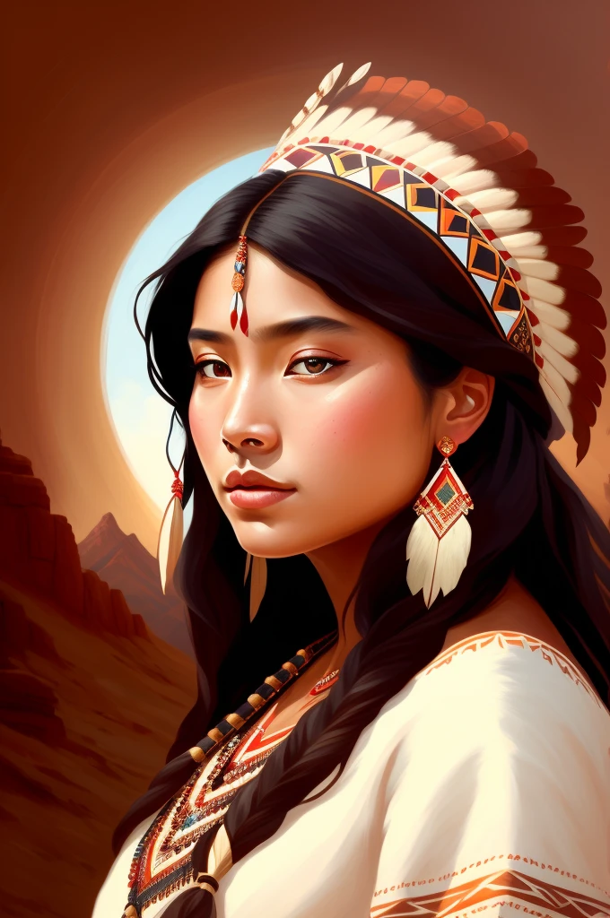 painting of a woman in native dress with a headdress and a mountain in the background, aztec princess portrait, portrait of a young pocahontas, detailed face of a asian girl, portrait of modern darna, portrait of pocahontas, a beautiful artwork illustration, detailed color portrait, detailed beautiful portrait, stunning digital illustration, beautiful young wind spirit