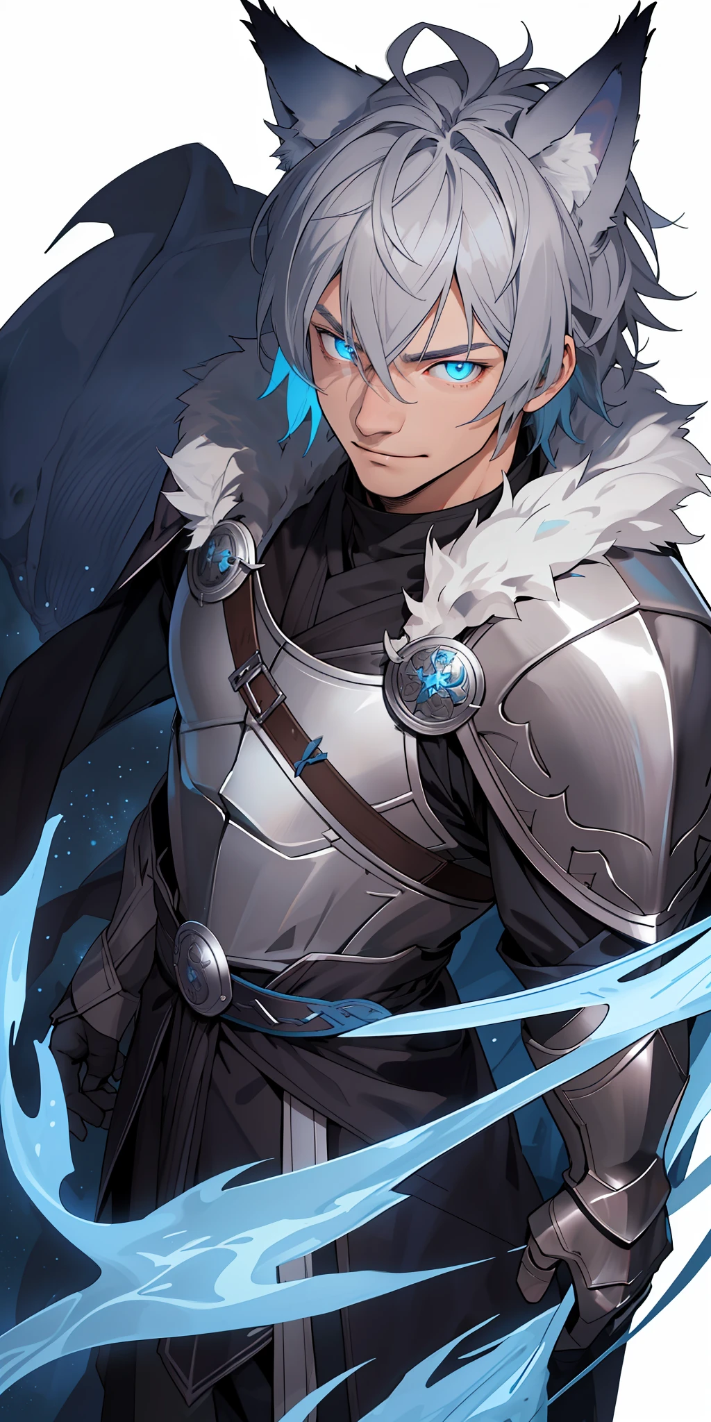 1male, toned, gray hair, slim, glowing blue eyes, HD, vibrant, masterpiece, full body view, wolf ears, wolf tail, knight robes, dead expression, hero, solo, leaning, strong, grinning, ultra realistic