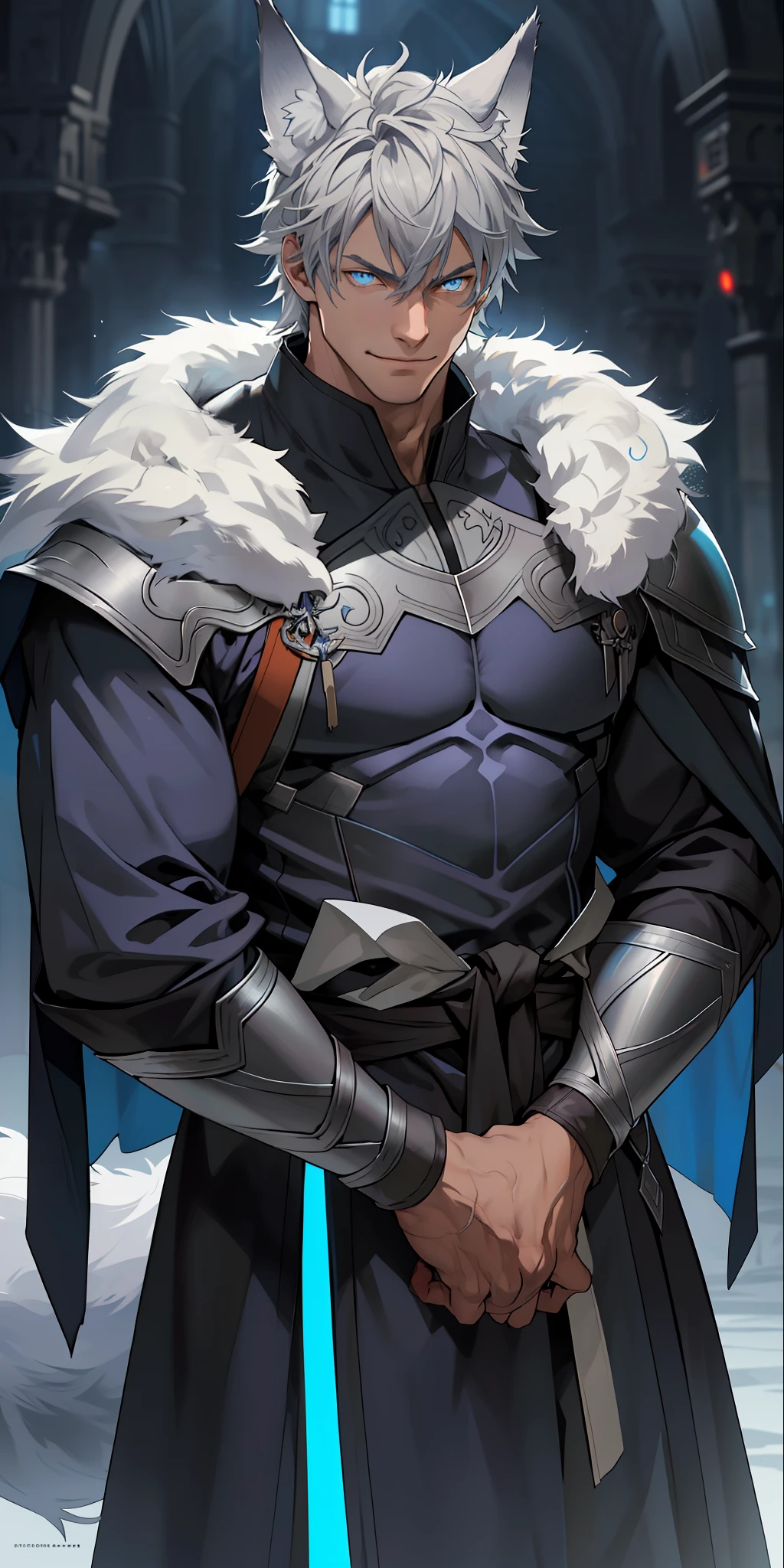 1male, toned, gray hair, slim, glowing blue eyes, HD, vibrant, masterpiece, upper body view, wolf ears, wolf tail, knight robes, smirking, hero, solo, leaning, strong, ultra realistic, high definition