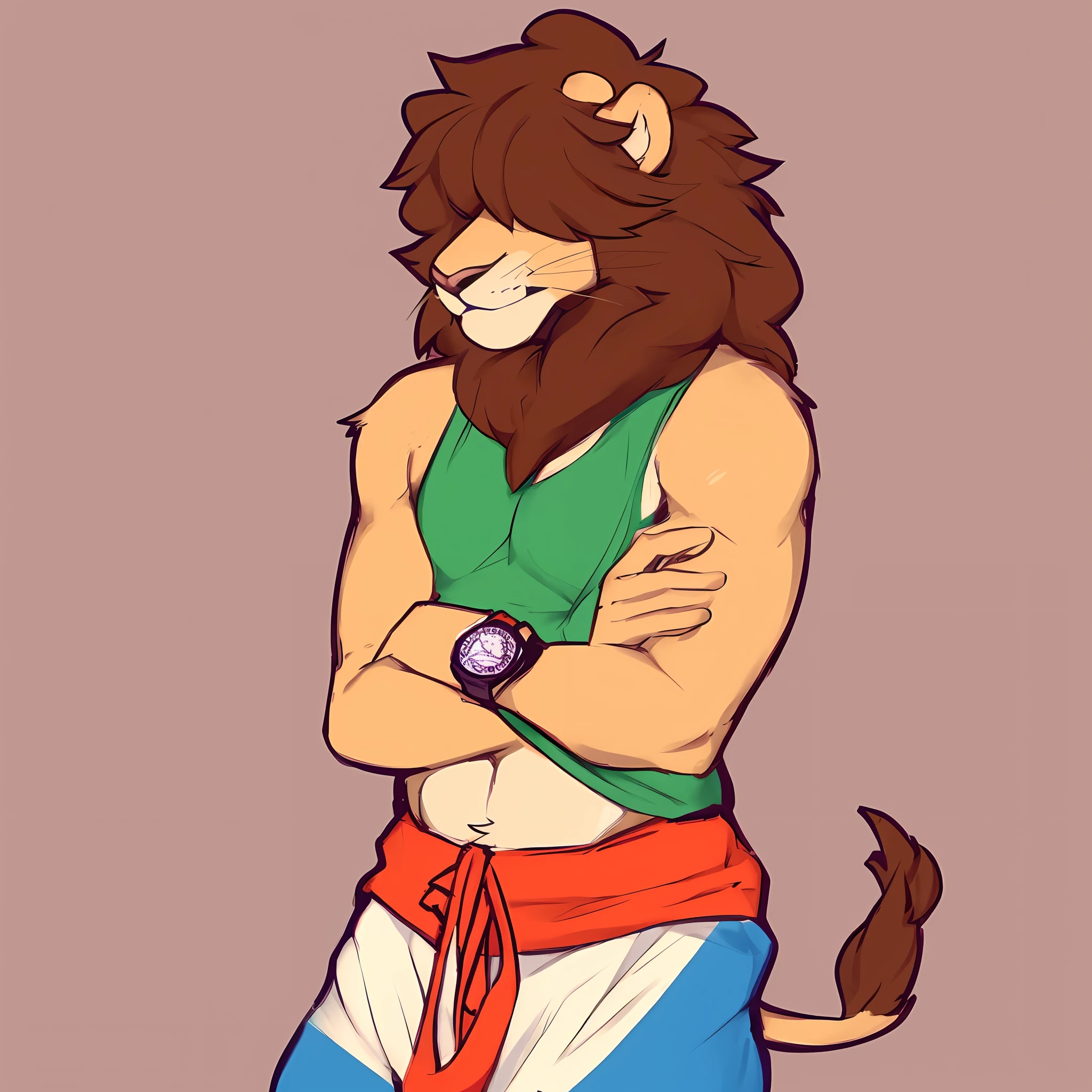 thin male solo cartoon lion by zackary911 hair over eyes wearing fashionable clothes thin broad chest brown mane slim scruffy colorful clothes variety of colors watch and drippy supreme