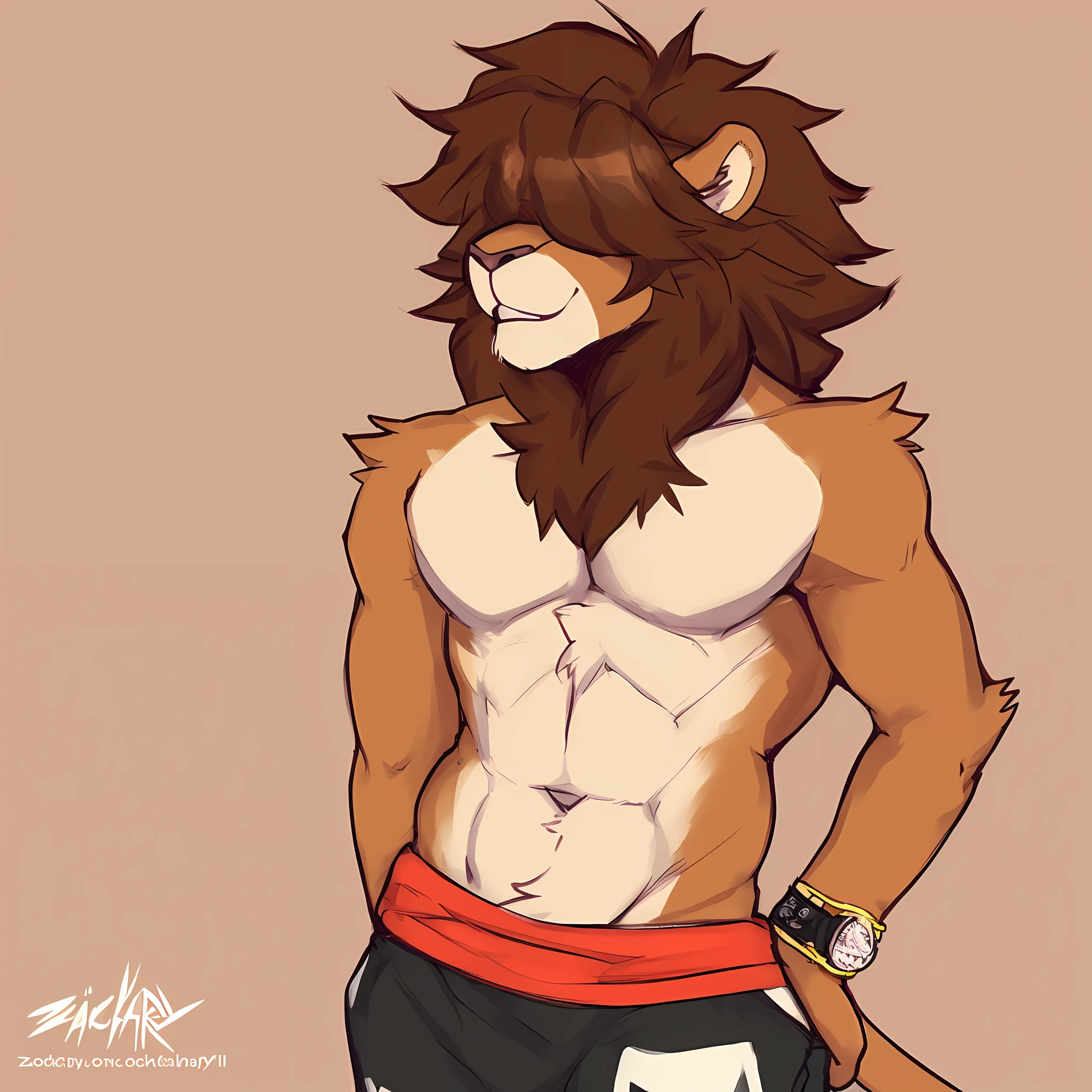 thin male solo cartoon lion by zackary911 hair over eyes wearing fashionable clothes thin broad chest brown mane slim scruffy colorful clothes variety of colors watch and drippy supreme