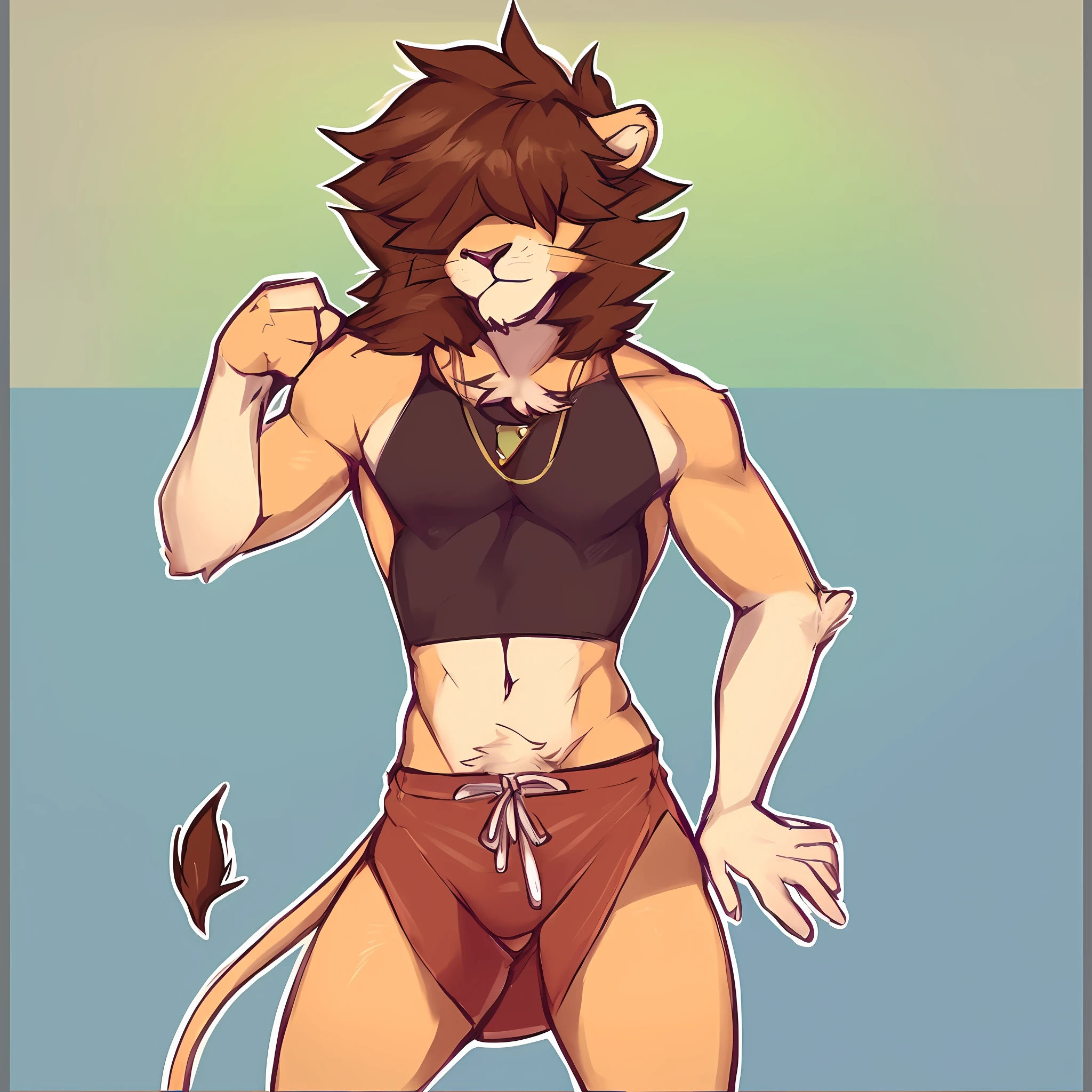thin male solo cartoon lion by zackary911 hair over eyes wearing fashionable clothes small waist broad chest brown mane slim scruffy colorful clothes variety of colors