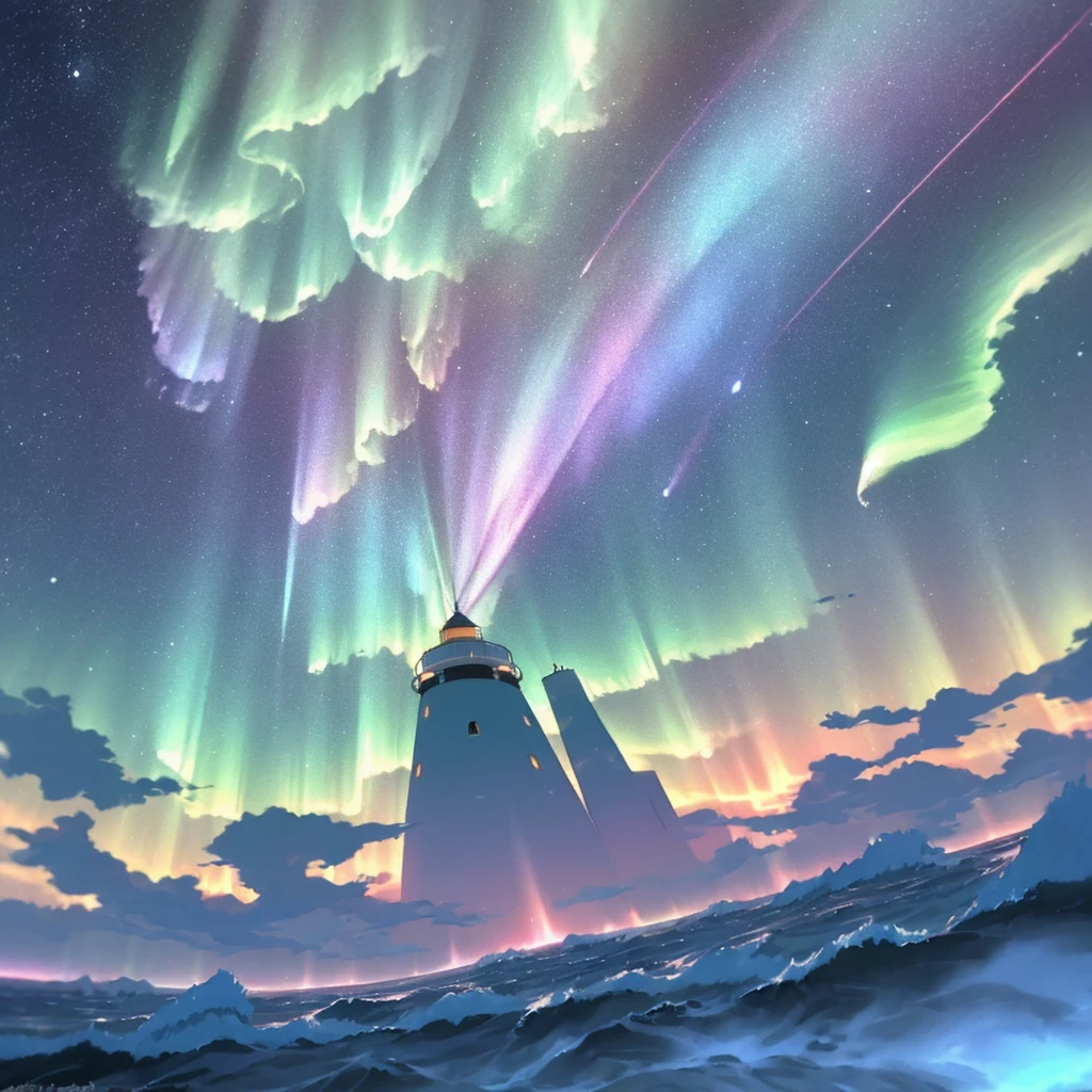 /(pokemon/) a Pokemon with design elements incorporating auroras, lighthouses, and outer space, plain background