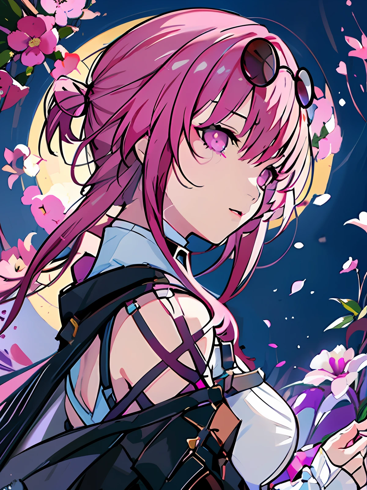 (masterpiece:1.2, best quality), (finely detailed beautiful eyes: 1.2), ((1girl)), ((solo)), (pink eyes:1.4), expressive eyes, perfect face, star-kafka, eyewear on head, sunglasses, purple hair, (finely detailed eyes and detailed face:1.3), (beautiful and clear background:1.2), (extremely detailed CG, ultra-detailed, best shadow:1.1), ((depth of field)), ((watercolor)), large breasts, bare shoulders, flowers and petals, beautiful concept illustration, (white background:0.5), (illustration:1.1), (extremely fine and beautiful:1.1), (perfect details:1.1), from side, cowboy shot,