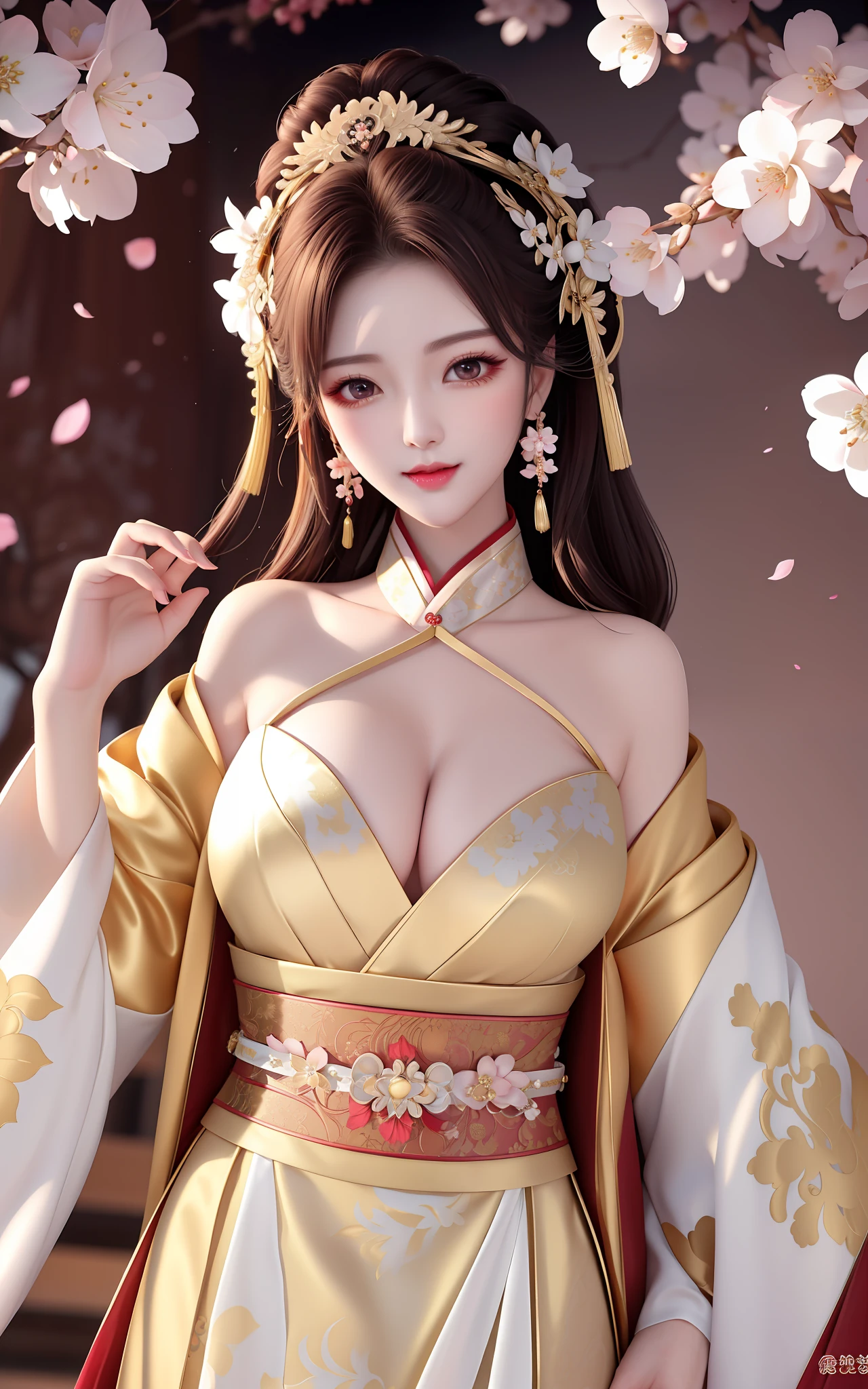 Wearing Hanfu, sexy and enchanting, charming, gorgeous, silk material, curves, unique posture, exquisite design, high neck, fitted cut, slender neck, graceful, red, warm and auspicious, golden pattern, luxurious, mysterious, golden trim, shiny color, slender belt, slender waist, feminine beauty, beautiful, enchanting, fair skin, budding flowers, bright eyes, charming mysterious light, seducing the heart, slender curved eyebrows, subtle expressions, playful style, bright lips, upturned, delicate cherry blossom petals, Straight white teeth, seductive light, classical sexy charm, visual feast, admiration.