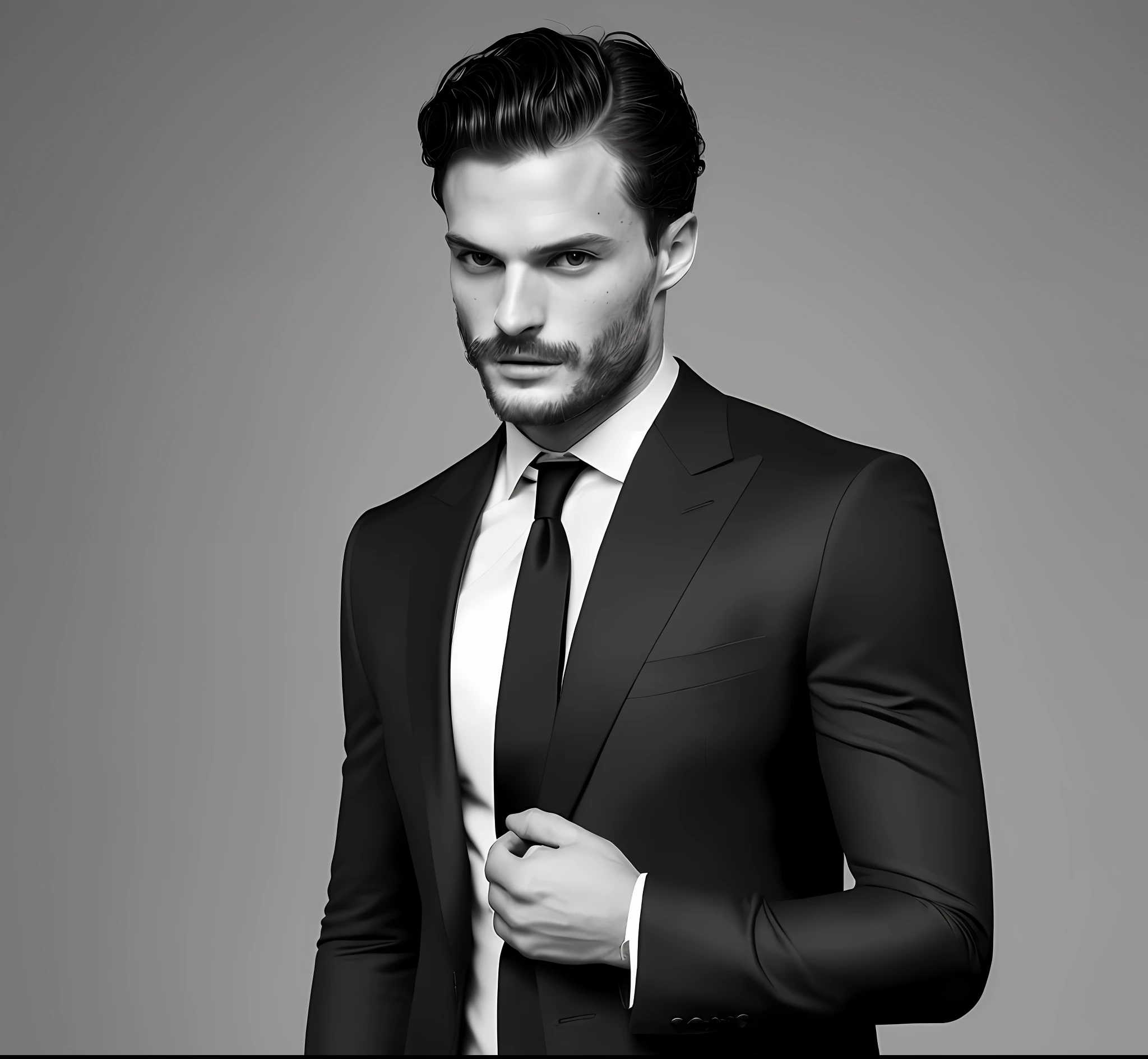 (create a ceo wearing black suit without tie), (Moreno with symmetrical model face), wearing thin beard, short dark hair, stylish and elegant, man similar to actor jamie dornan, (high quality and realistic image), black dark background, cinematic style, ((Best quality, 8k, Masterpiece).