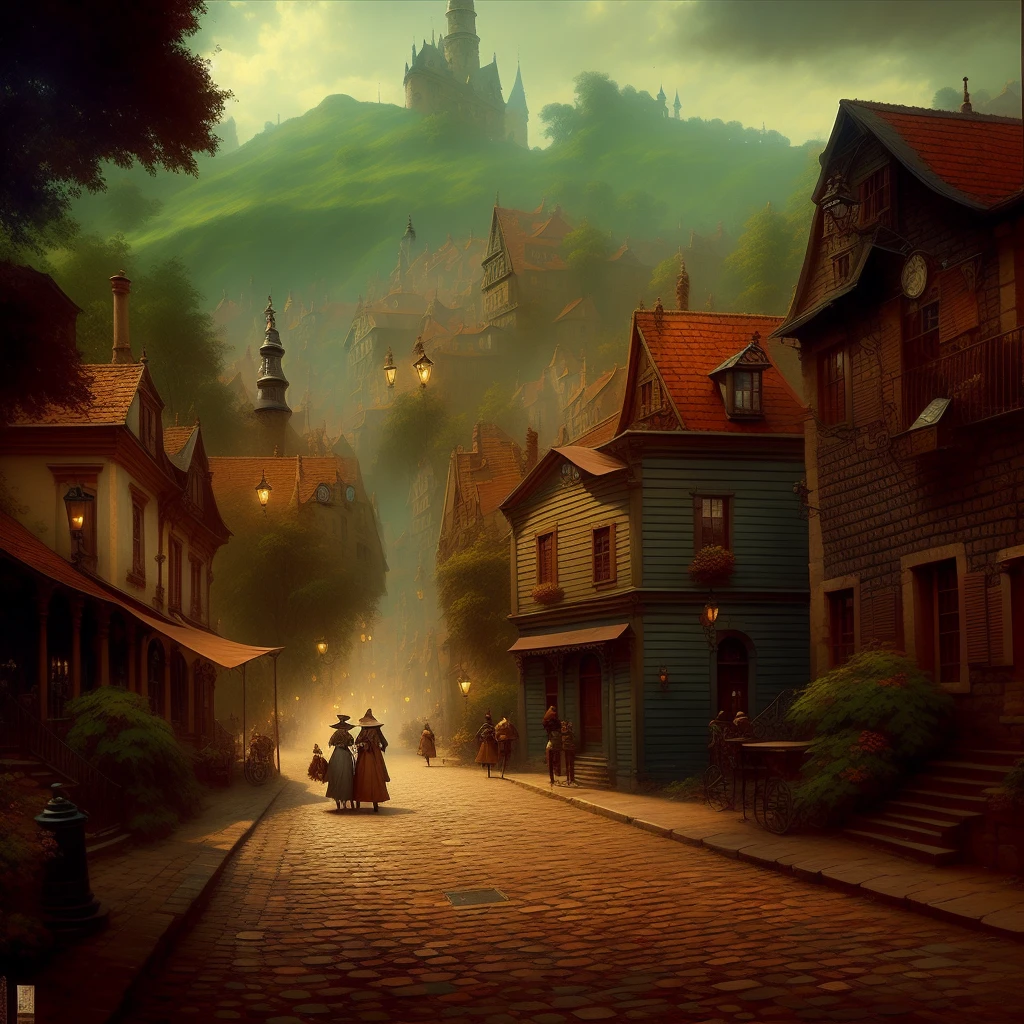 painting of a couple walking down a cobblestone street in a town, victorian city, an victorian city, victorian steampunk city vista, inspired by Carl Spitzweg, fantasy victorian art, beautiful matte painting, fantasy town setting, by Pablo Munoz Gomez, medeival fantasy town, by Krzysztof Boguszewski, matte painting”