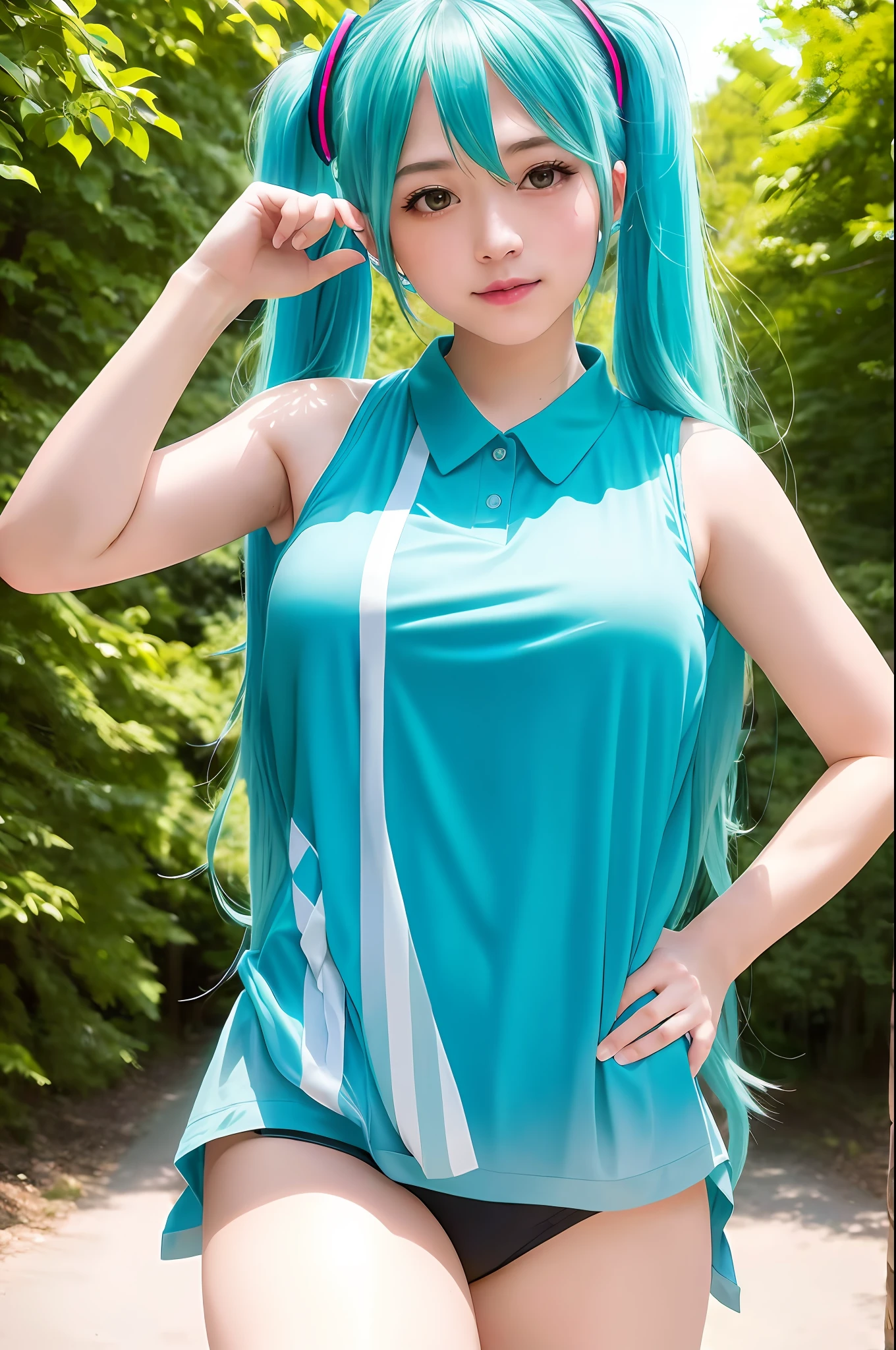 1girl, ((hatsune miku)), blue hair, idol pose, ((wearing a sleeveless top)), breasts, stomach, thighs, legs, illustration, 4k, 8k, smug face, (8k, RAW photo, best quality, masterpiece:1.5), (realistic:1.3), (photorealistic:1.3), ultra-detailed, (high detailed skin:1.2), 8k uhd, dslr, soft lighting, high quality, film grain, Fujifilm XT3, best quality, beautiful lighting,