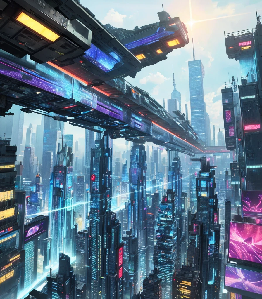 futuristic cityscapes, ((Cyborg)), (irregular architecture), mechanical, (cyberpunk), (hovering trains), drones, realistic lighting, (abyss) masterpieces, high quality, beautiful graphics, high detail, ((looming flying saucers and ships in the sky)), vision (wide-angle lens), ultra-high resolution (realism: 1.4), ultra-high quality, extremely detailed CG Unity 8k wallpapers, aesthetics, award-winning photography, realism, high detail, detail enhancement, blur removal, The art of intricacies and travel. Visually stunning. Beautiful futuristic city, beautiful city, Chinese dream land, pexels, blue hour photography, Chinese dreamland, spectacular clouds, fantasy clouds. The poster should have a bold headline with bold, stylized fonts and the tagline "City of the Future."
