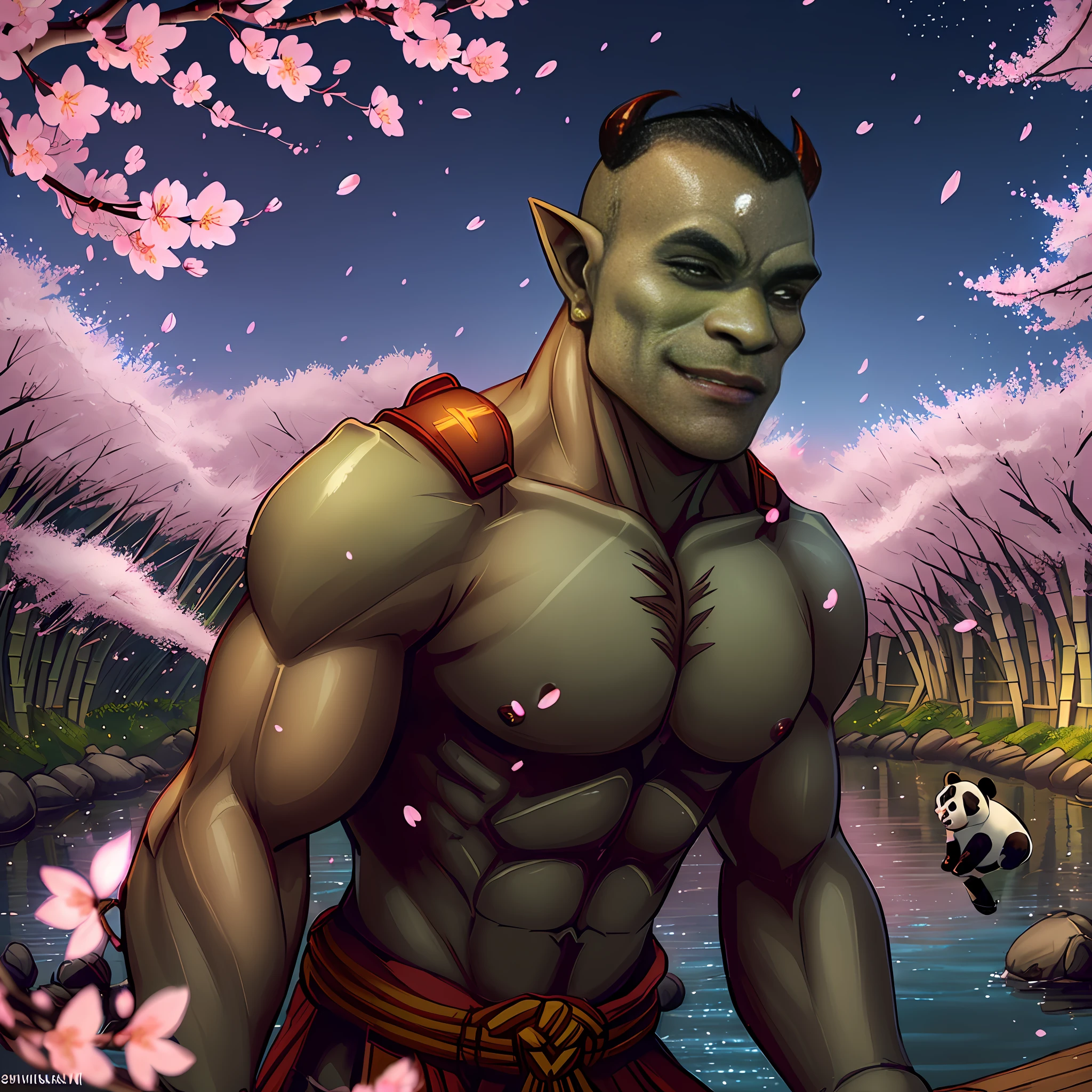 ((one brown skinned half-orc barabarian:Panda in the foreground)), shot in 4k, fisheye lens, ((bamboo forest, cherry blossoms falling in the background, a gentle wind, sunny day, river))=1.3, contented face:bemused, looking at viewer, masterpiece, vibrant lighting, ultrarealistic, beautiful eyes, age 27, cinematic lighting, (((demonic cherry blossoms falling in background))), (angle from side), (age 30 male), (celestial bioluminescent eyes)