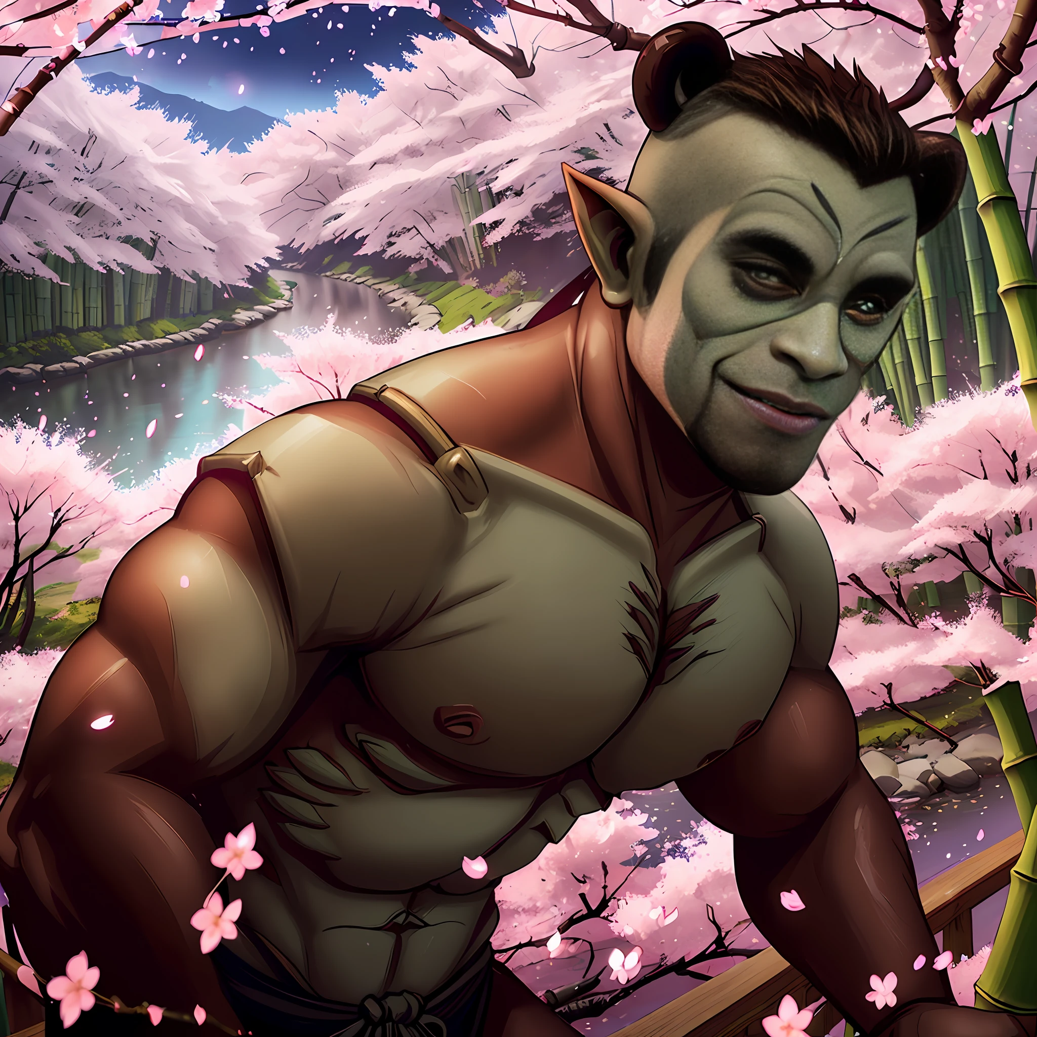 ((one brown skinned half-orc barabarian:Panda in the foreground)), shot in 4k, fisheye lens, ((bamboo forest, cherry blossoms falling in the background, a gentle wind, sunny day, river))=1.3, contented face:bemused, looking at viewer, masterpiece, vibrant lighting, ultrarealistic, beautiful eyes, 7, cinematic lighting, (((demonic cherry blossoms falling in background))), (angle from side), (age 3e), (celestial bioluminescent eyes)