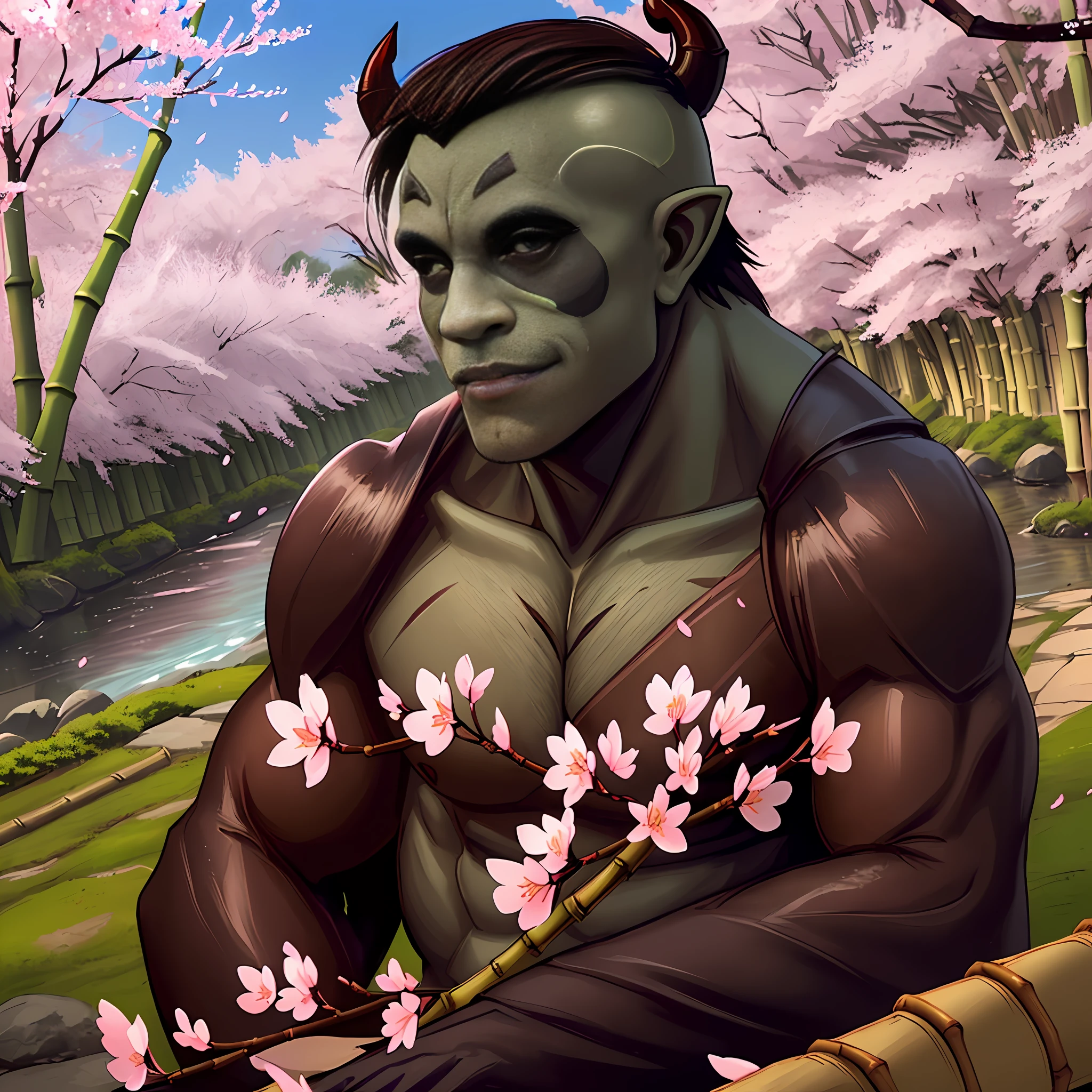((one brown skinned half-orc barabarian:Panda in the foreground)), shot in 4k, fisheye lens, ((bamboo forest, cherry blossoms falling in the background, a gentle wind, sunny day, river))=1.3, contented face:bemused, looking at viewer, masterpiece, vibrant lighting, ultrarealistic, beautiful eyes, age 27, cinematic lighting, (((demonic cherry blossoms falling in background))), (angle from side), (age 30 male), (vampiric eyes:celestial glow)