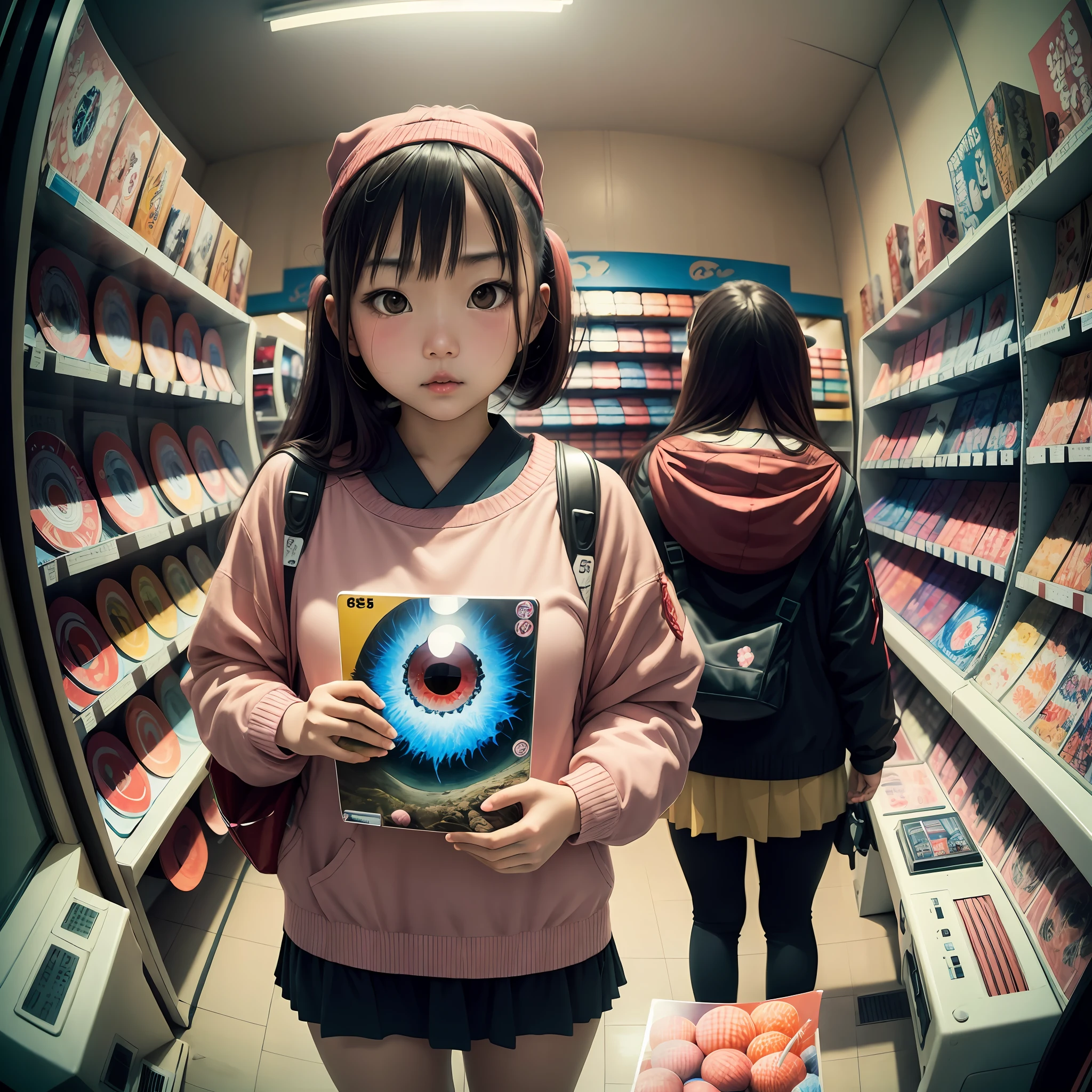 1 japanese girl in Arcade shop, Expressionism, Realism, Contemporary art, ((fisheye)), 35mm, Canon, UHD, masterpiece, ccurate, super detail, award winning, high details, highres, 8k