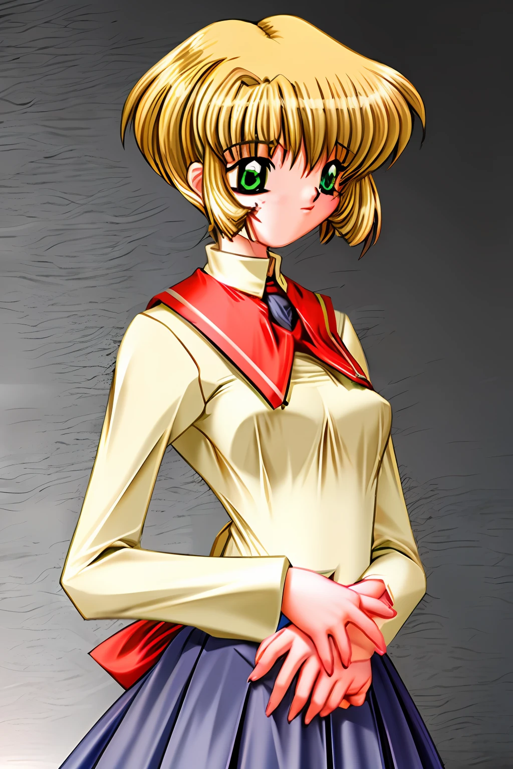 1 girl, white background, blonde hair, green eyes, {{large chest}}, short hair, twintails, ((masterpiece)), (perfect hands), {visual novel sprite}, school uniform, red jacket, white shirt, cowboy shot, standing, pleated skirt, {dark skin}, eye level angle