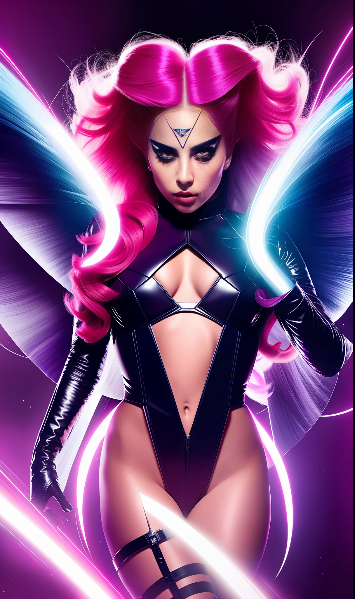 lady gaga mistique Xmen, 4K texture, long hair, high quality, extravagant hairstyle, original album cover, 8k image, futuristic, high image quality, at night, hair accessories, very realistic and defined face, full body, various poses